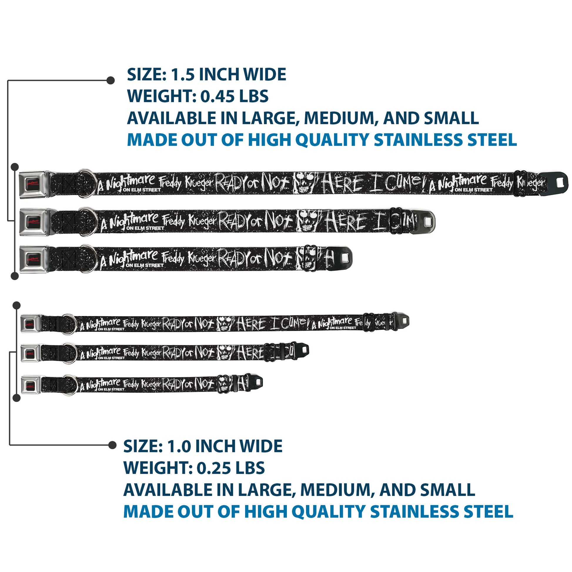 A NIGHTMARE ON ELM STREET Title Logo Full Color Black/Red Seatbelt Buckle Collar - A NIGHTMARE ON ELM ST READY OR NOT Freddy Scribbles Black/White Seatbelt Buckle Collars A Nightmare on Elm Street