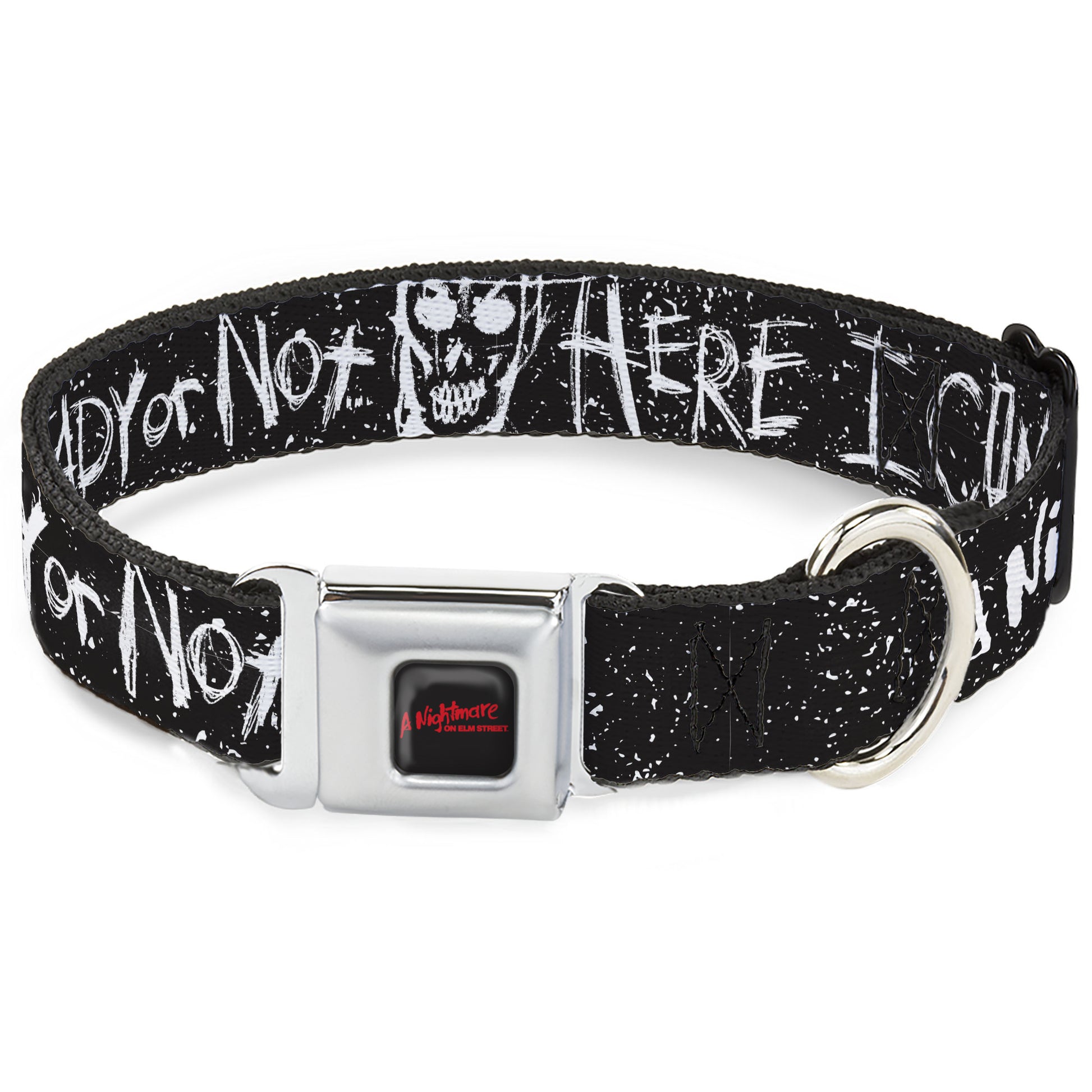 A NIGHTMARE ON ELM STREET Title Logo Full Color Black/Red Seatbelt Buckle Collar - A NIGHTMARE ON ELM ST READY OR NOT Freddy Scribbles Black/White Seatbelt Buckle Collars A Nightmare on Elm Street
