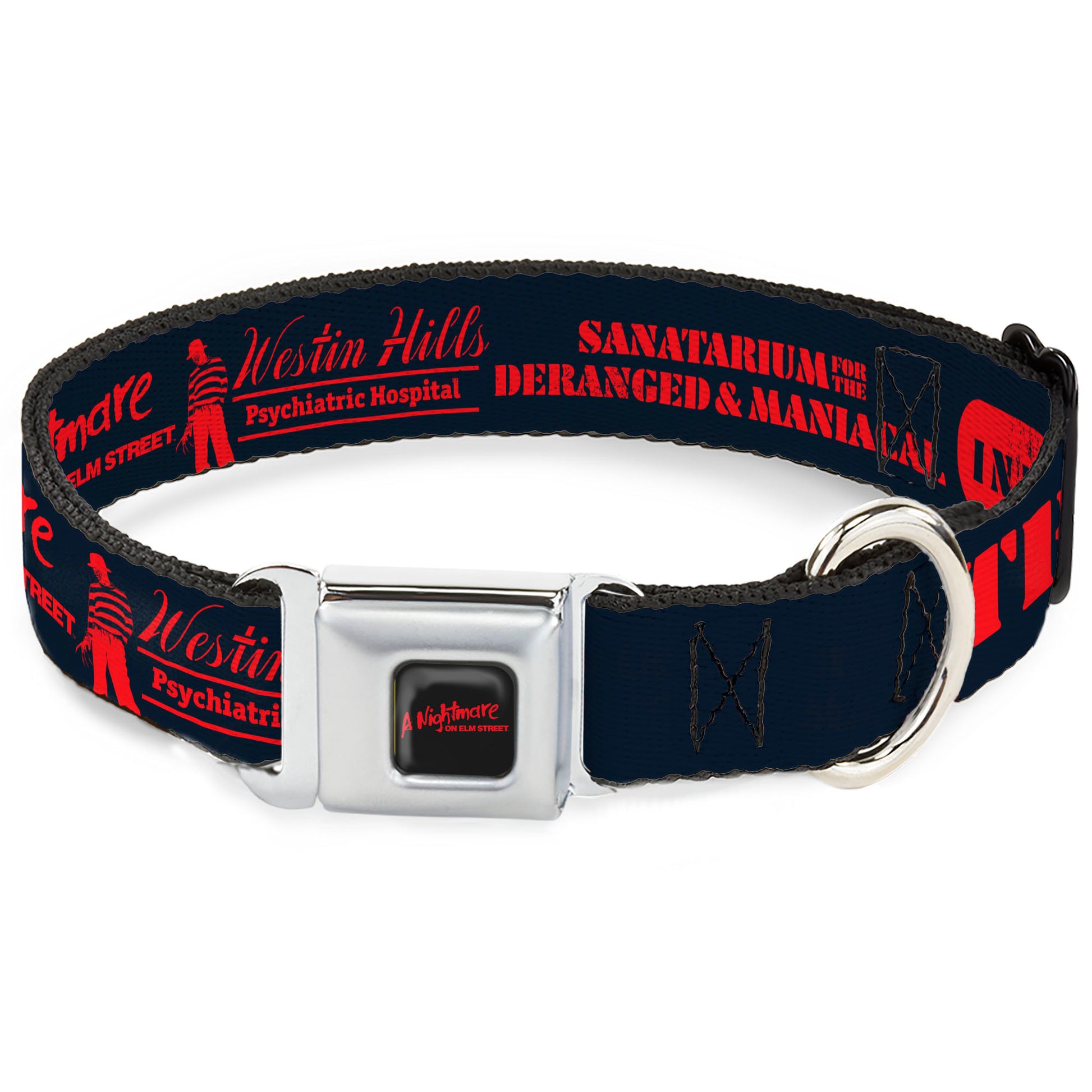 A NIGHTMARE ON ELM STREET Title Logo Full Color Black/Red Seatbelt Buckle Collar - A Nightmare on Elm Street Asylum Icons Collage Black/Red Seatbelt Buckle Collars A Nightmare on Elm Street