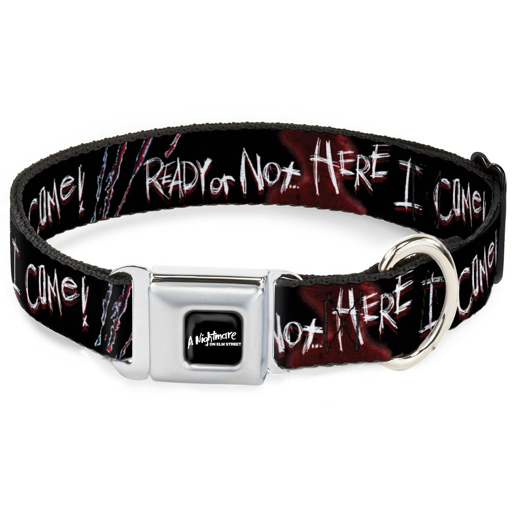 A NIGHTMARE ON ELM STREET Full Color Black/Blood Splatter Reds Seatbelt Buckle Collar - A Nightmare on Elm Street READY OR NOT HERE I COME/Freddy Silhouette Black/Reds/White Seatbelt Buckle Collars A Nightmare on Elm Street