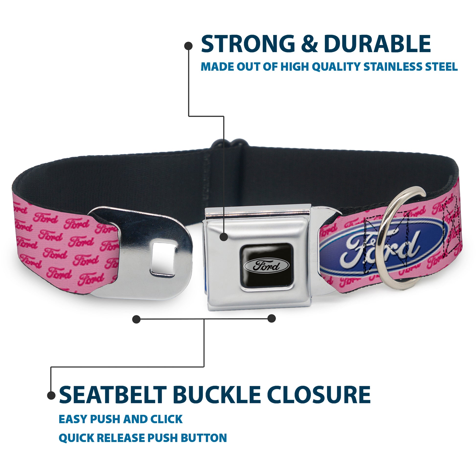 Ford Emblem Seatbelt Buckle Collar - Ford Oval w/Text PINK REPEAT Seatbelt Buckle Collars Ford