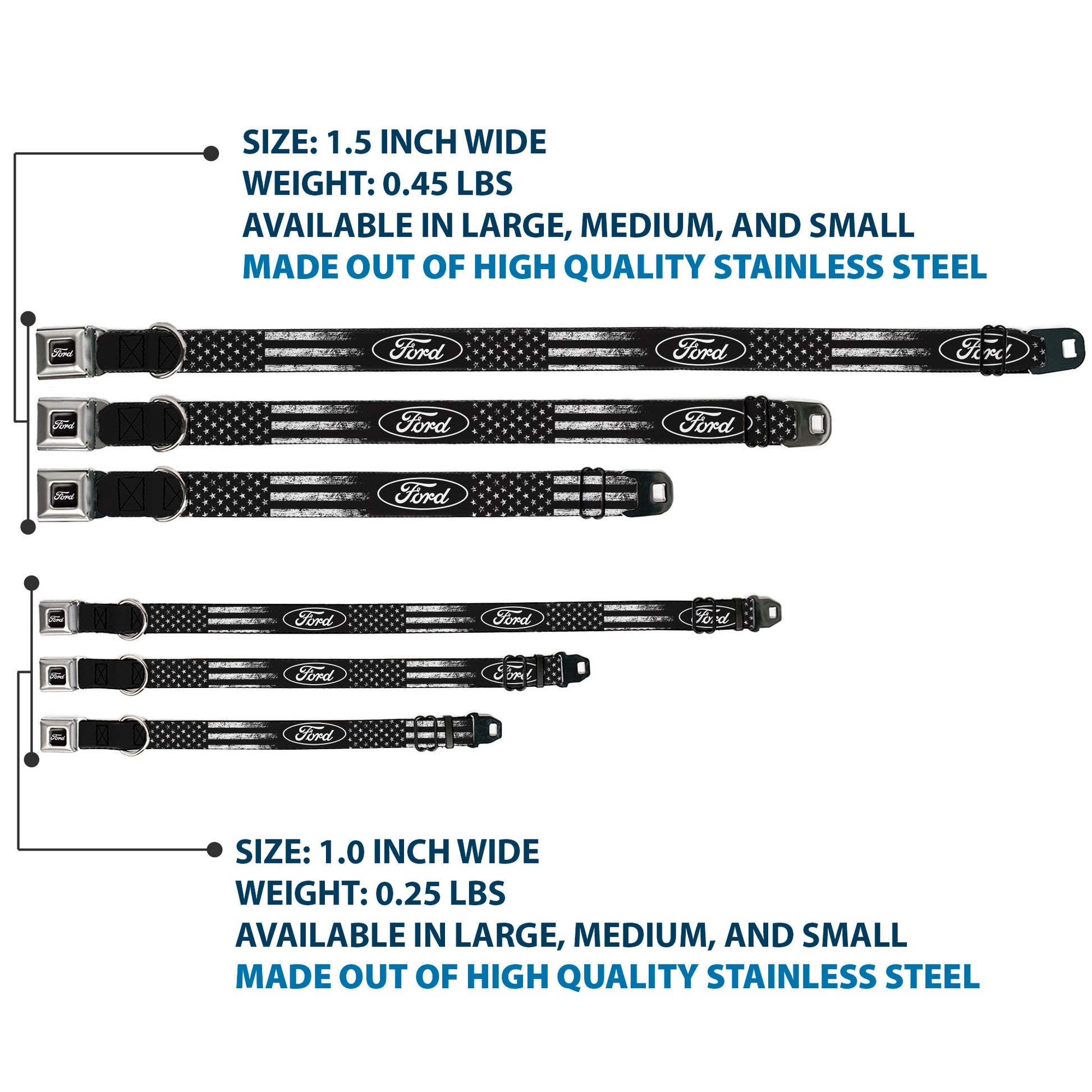 FORD Script Full Color Black/White Seatbelt Buckle Collar - FORD Oval Americana Weathered Black/White Seatbelt Buckle Collars Ford