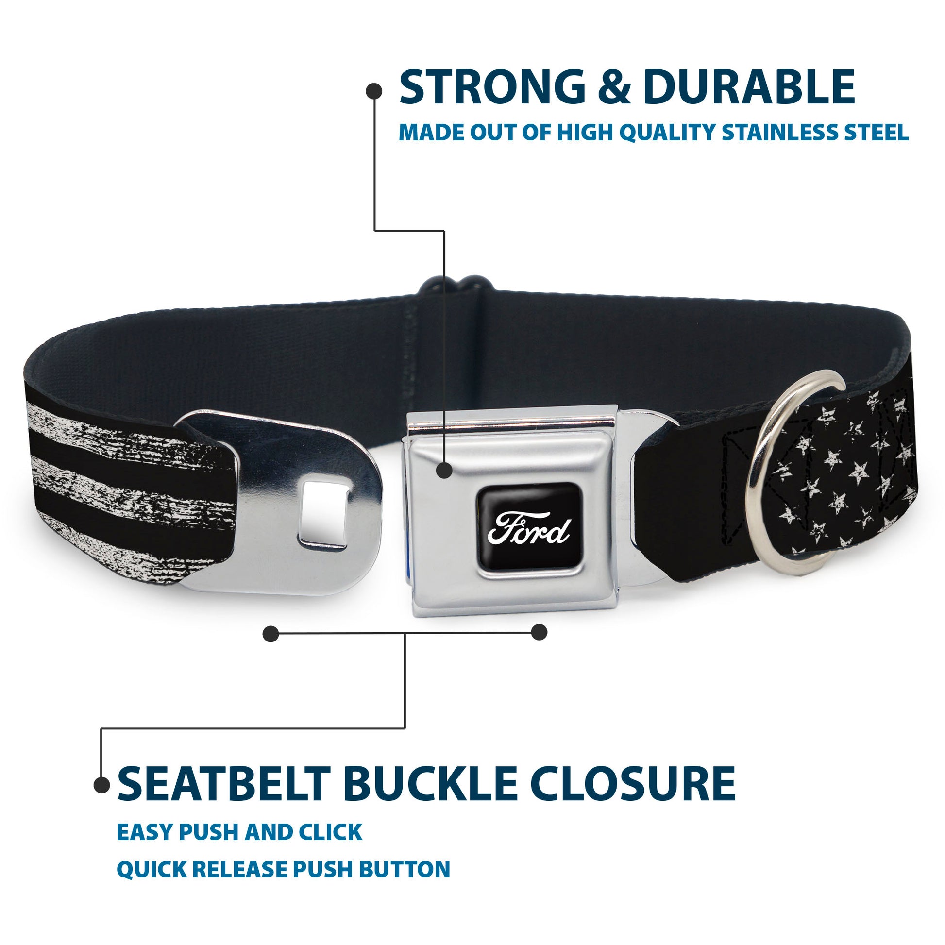 FORD Script Full Color Black/White Seatbelt Buckle Collar - FORD Oval Americana Weathered Black/White Seatbelt Buckle Collars Ford