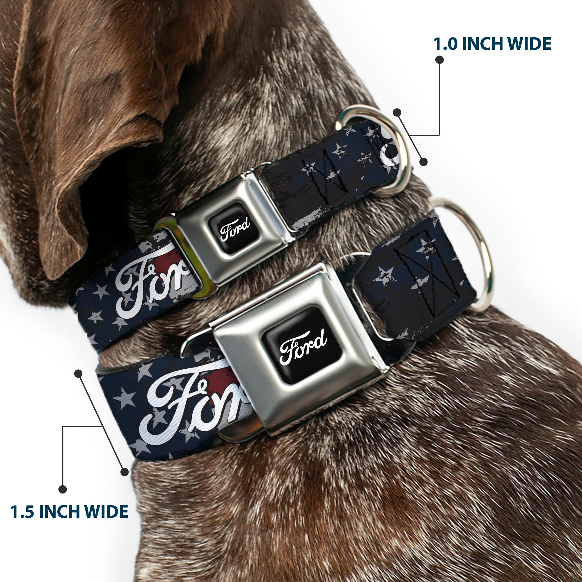 FORD Script Full Color Black/White Seatbelt Buckle Collar - FORD Script Stars and Stripes Americana Weathered Seatbelt Buckle Collars Ford