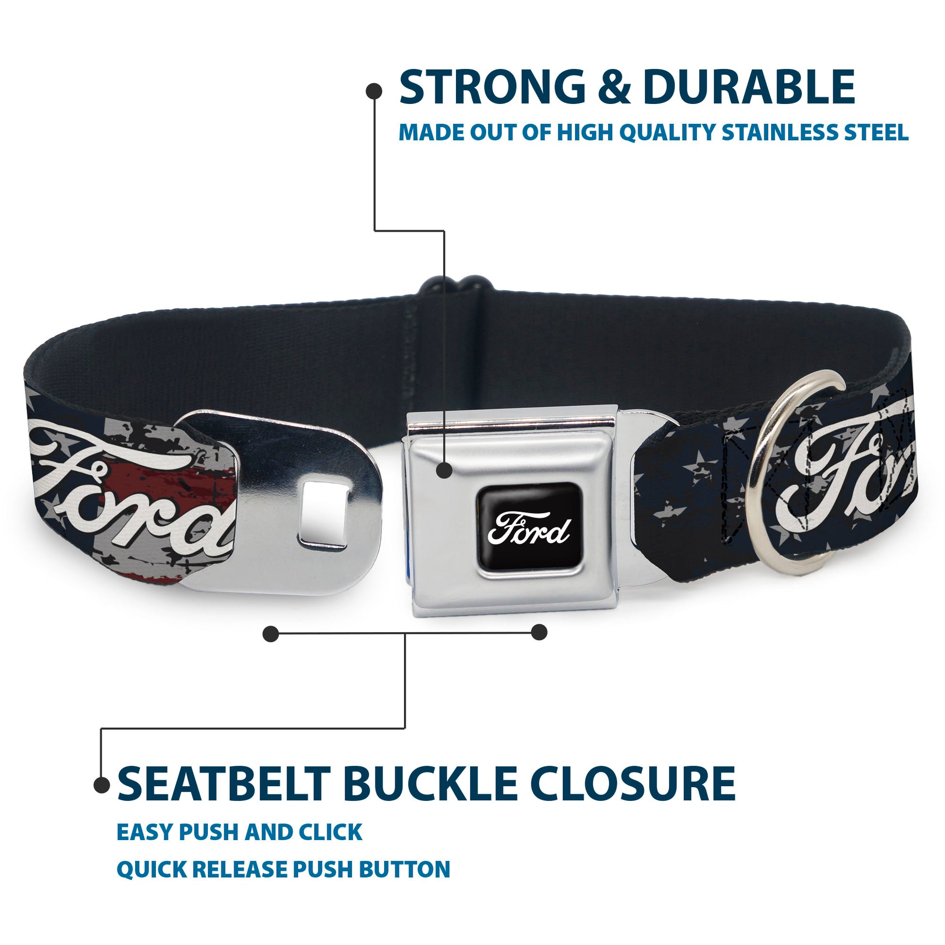 FORD Script Full Color Black/White Seatbelt Buckle Collar - FORD Script Stars and Stripes Americana Weathered Seatbelt Buckle Collars Ford