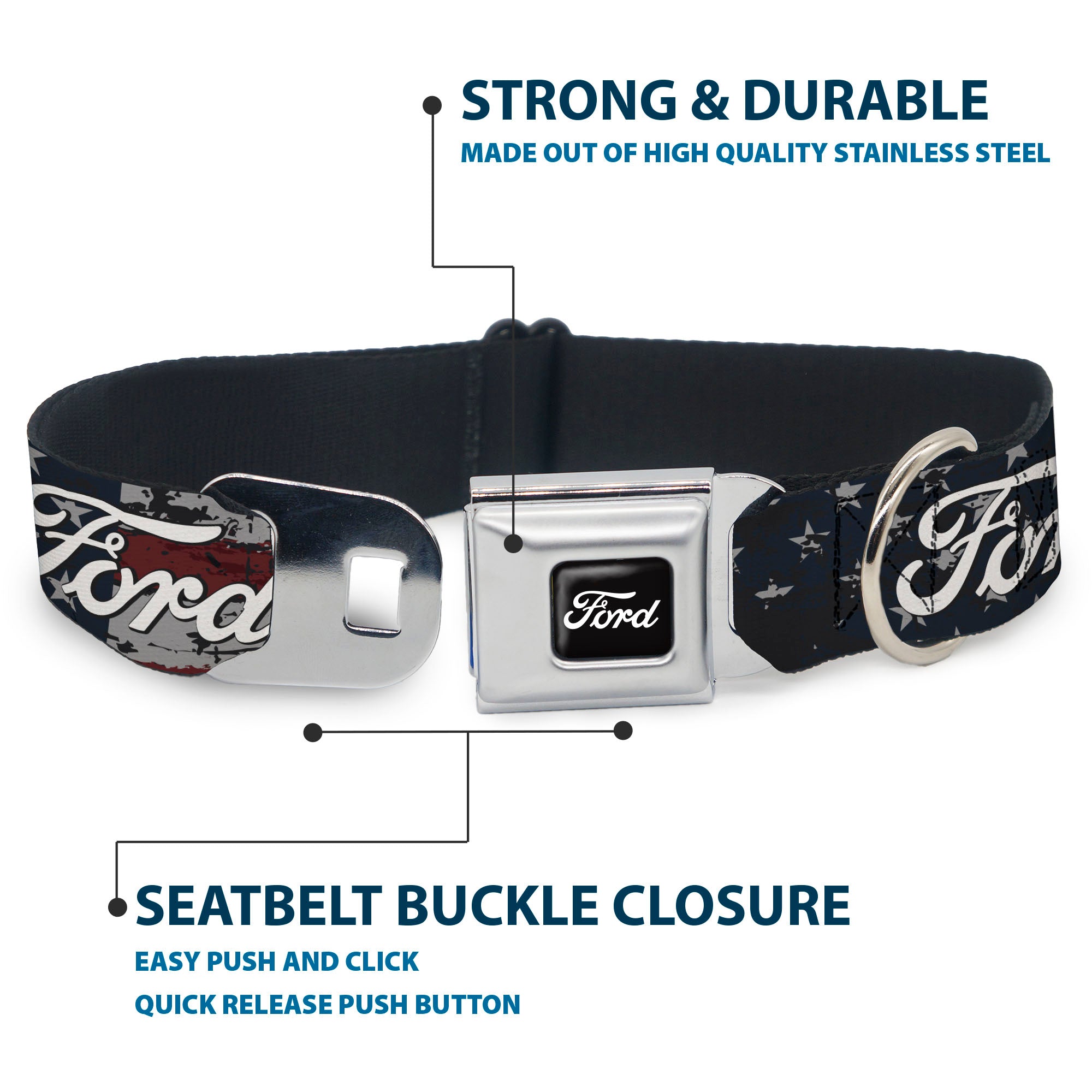 FORD Script Full Color Black/White Seatbelt Buckle Collar - FORD Script Stars and Stripes Americana Weathered Seatbelt Buckle Collars Ford