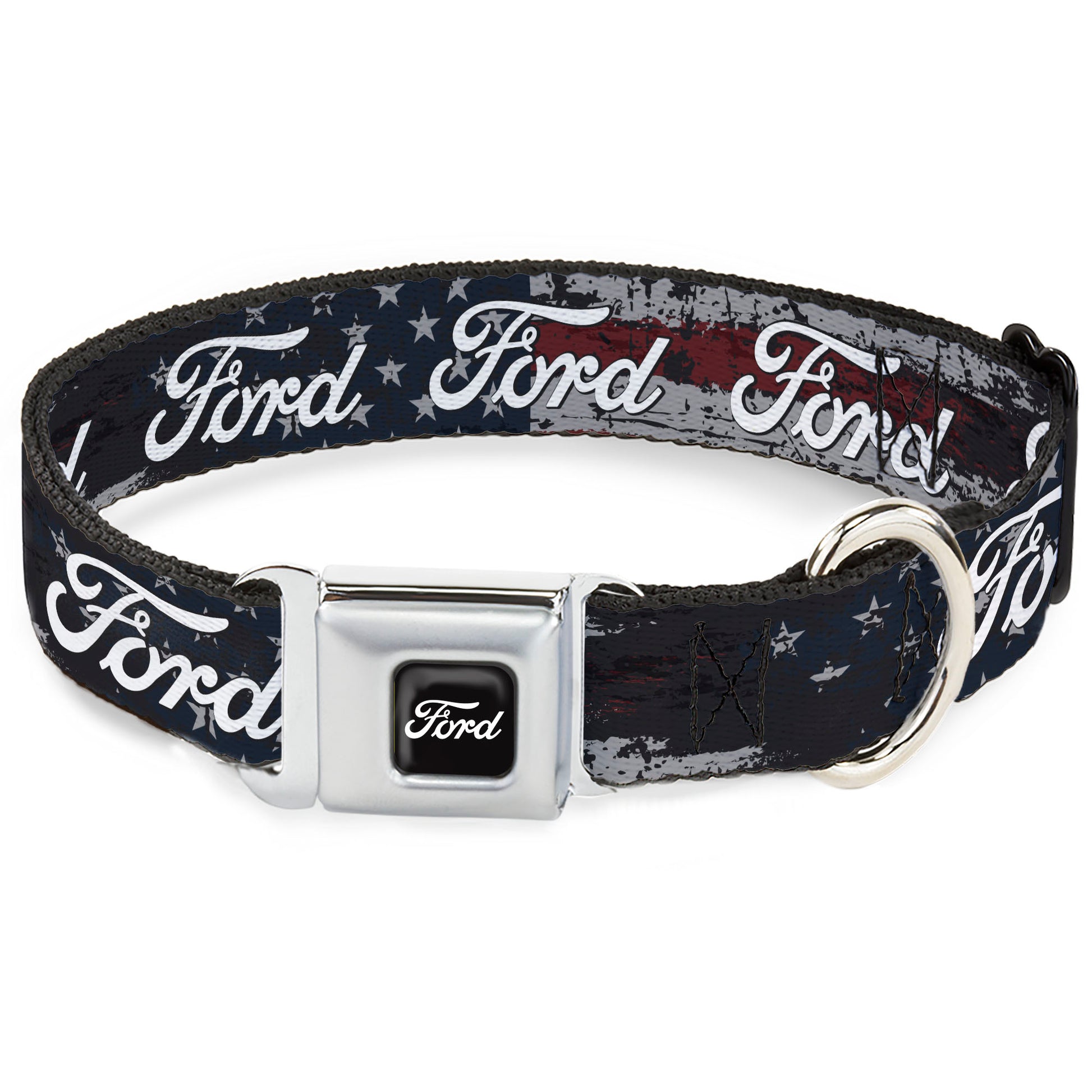 FORD Script Full Color Black/White Seatbelt Buckle Collar - FORD Script Stars and Stripes Americana Weathered Seatbelt Buckle Collars Ford
