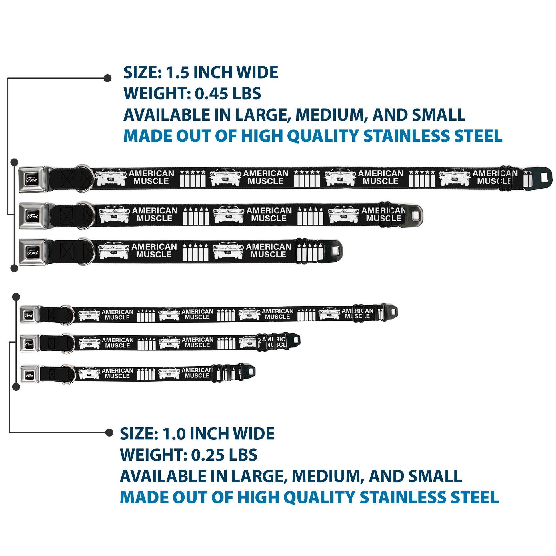 FORD Script Full Color Black/White Seatbelt Buckle Collar - Ford Mustang Grill AMERICAN MUSCLE Stars and Stripes Black/White Seatbelt Buckle Collars Ford Mustang