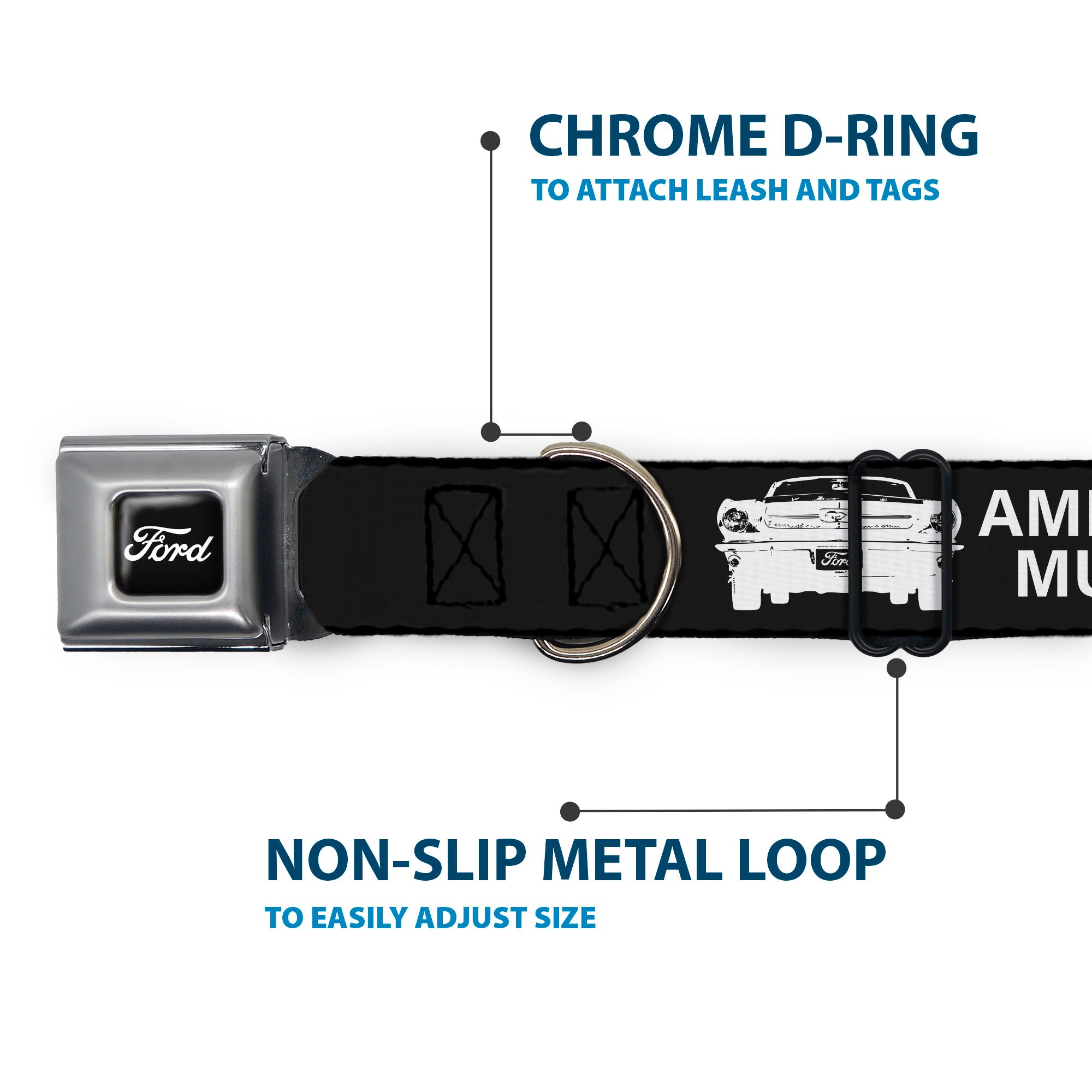 FORD Script Full Color Black/White Seatbelt Buckle Collar - Ford Mustang Grill AMERICAN MUSCLE Stars and Stripes Black/White Seatbelt Buckle Collars Ford Mustang