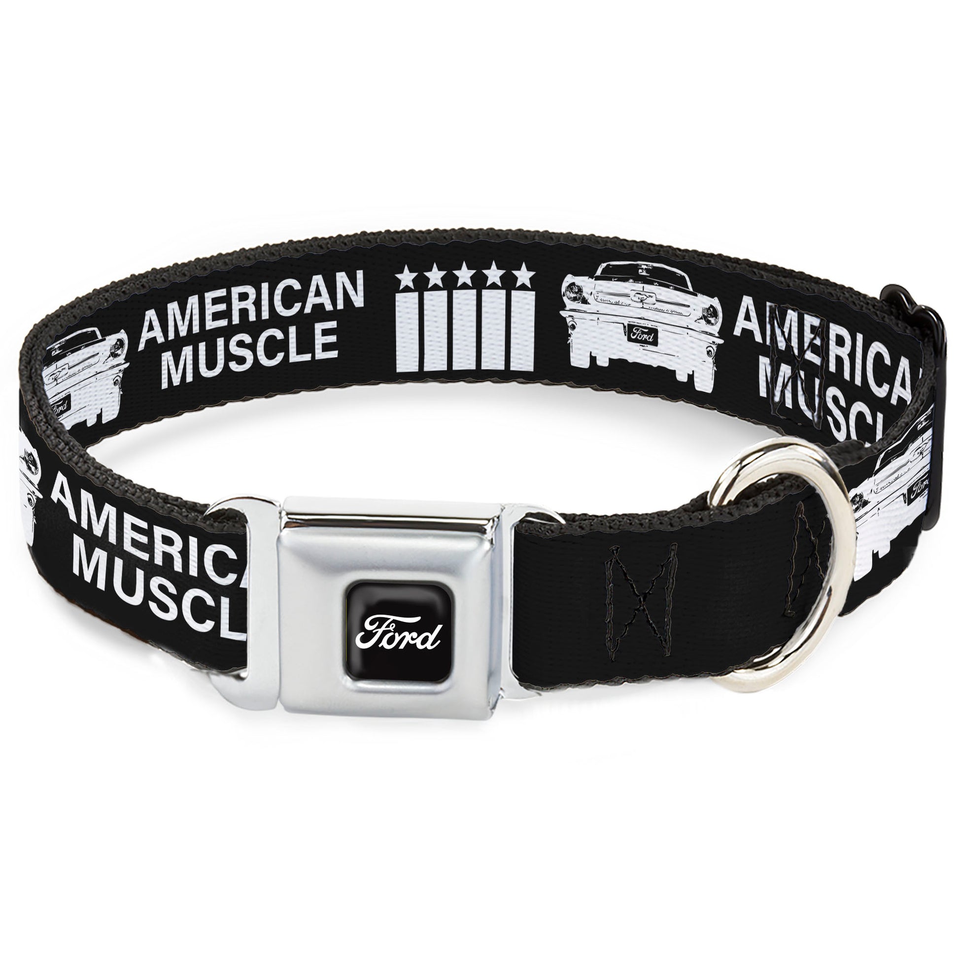 FORD Script Full Color Black/White Seatbelt Buckle Collar - Ford Mustang Grill AMERICAN MUSCLE Stars and Stripes Black/White Seatbelt Buckle Collars Ford Mustang