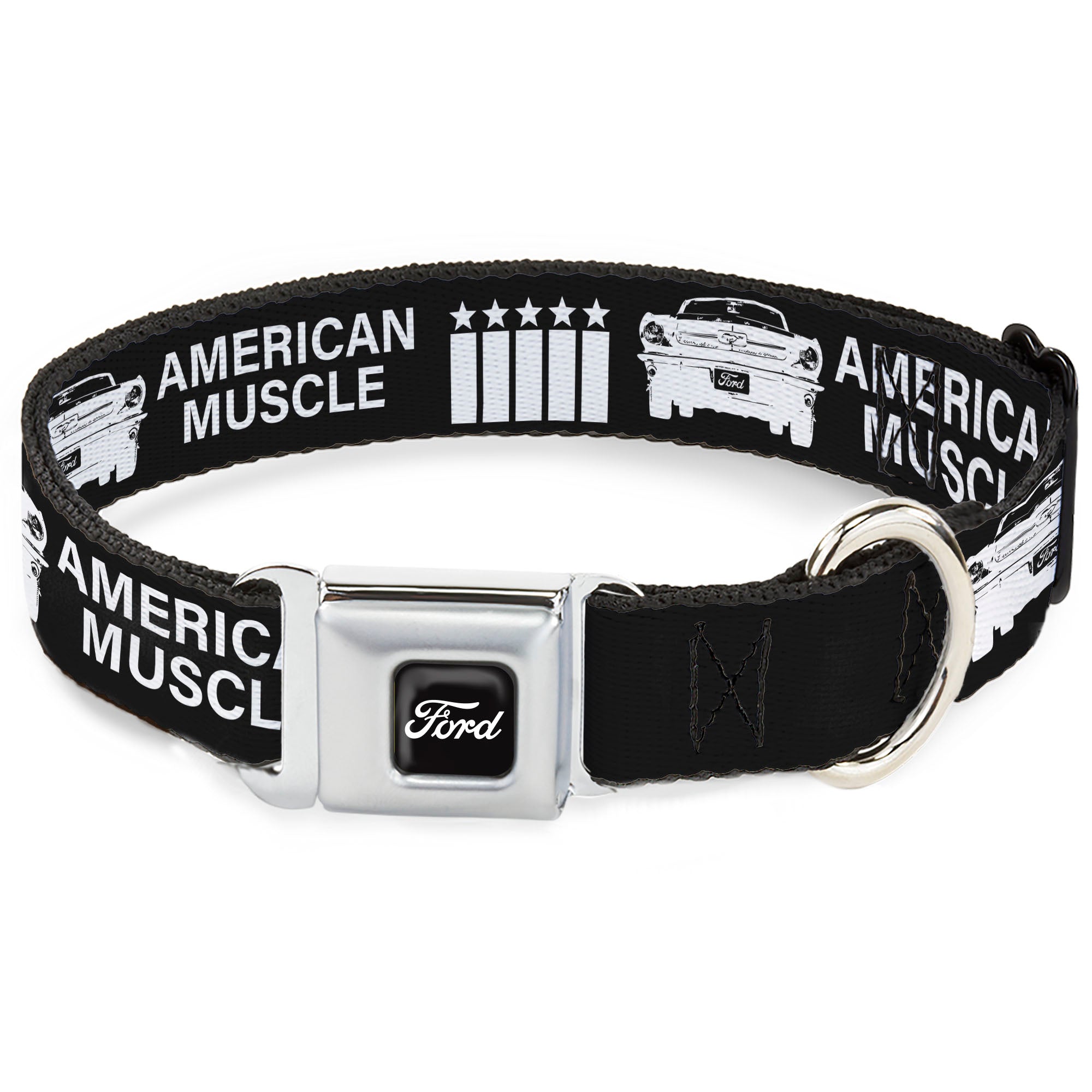 FORD Script Full Color Black/White Seatbelt Buckle Collar - Ford Mustang Grill AMERICAN MUSCLE Stars and Stripes Black/White Seatbelt Buckle Collars Ford Mustang
