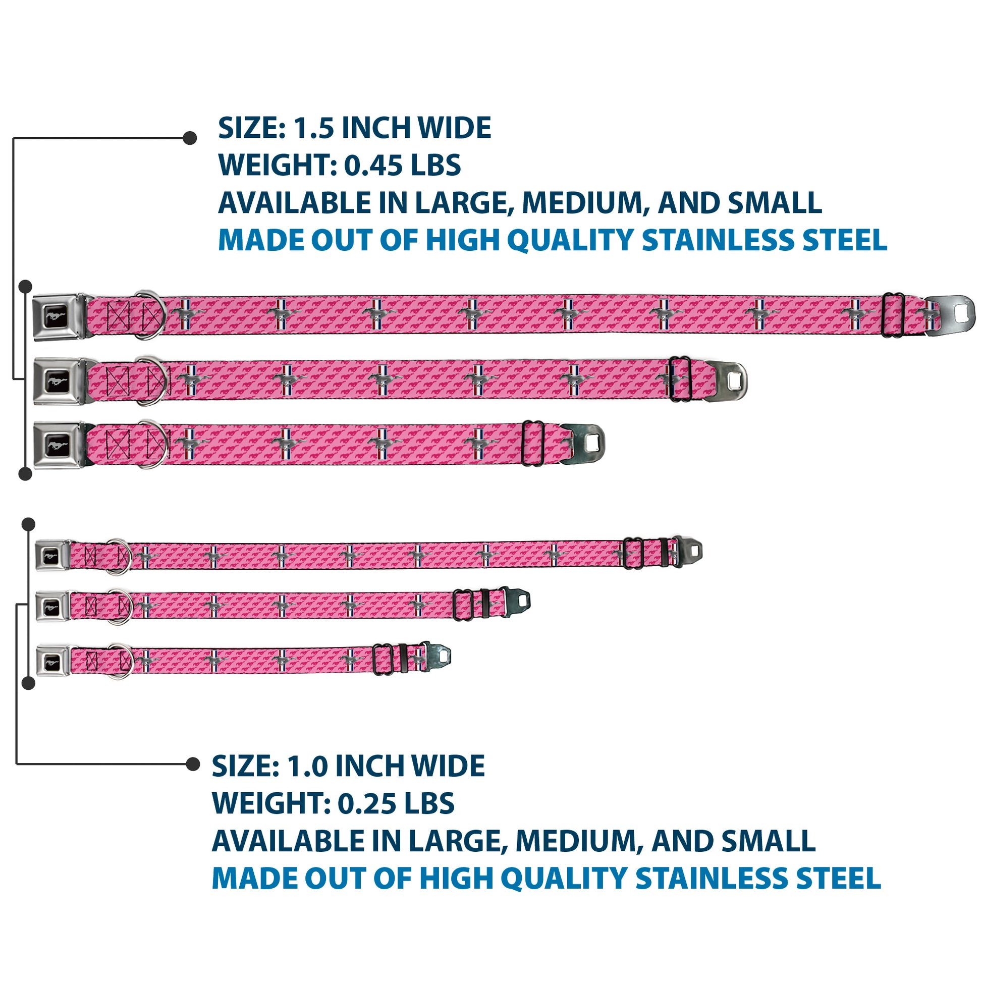 Ford Mustang Emblem Seatbelt Buckle Collar - Ford Mustang w/Bars w/Text PINK LOGO REPEAT Seatbelt Buckle Collars Ford