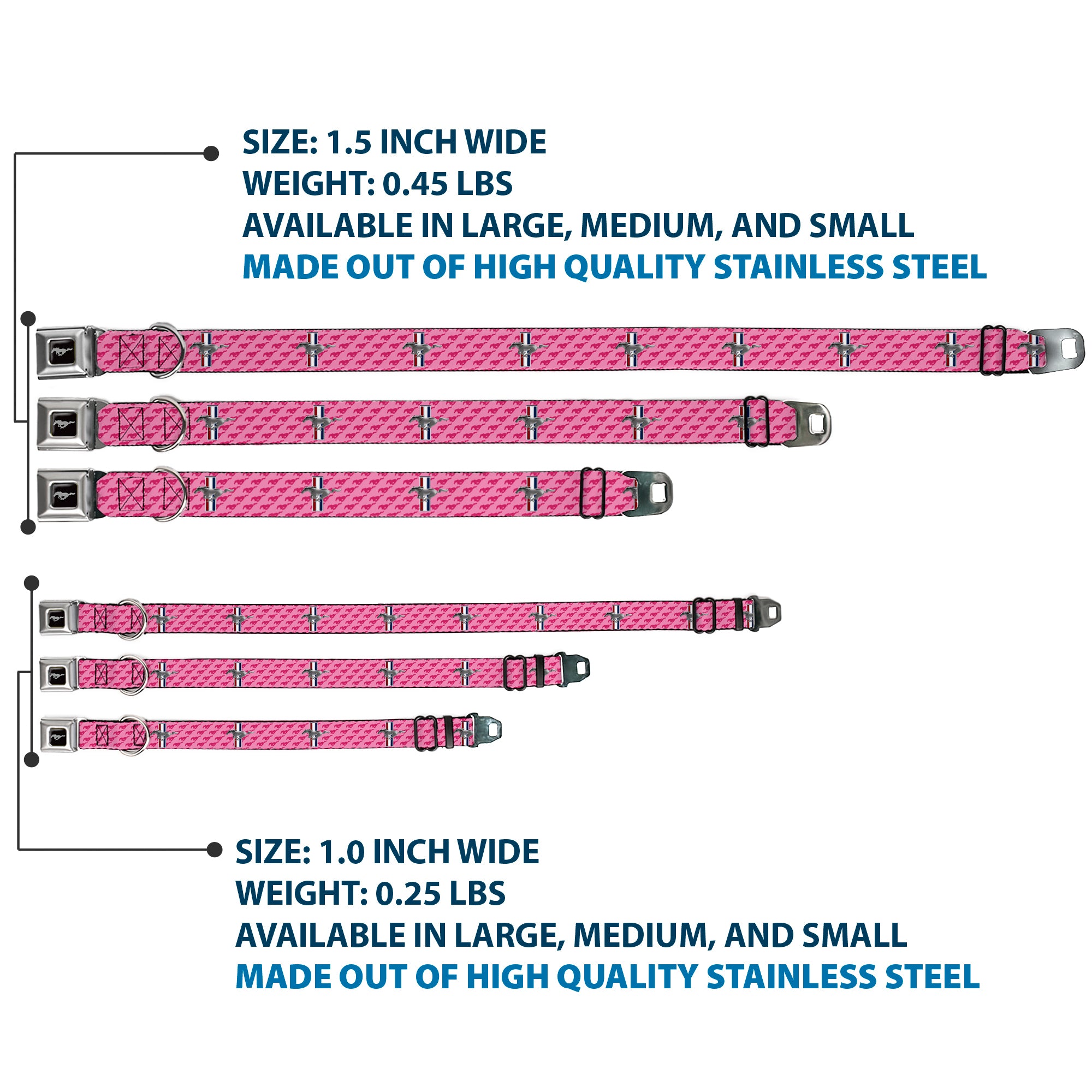 Ford Mustang Emblem Seatbelt Buckle Collar - Ford Mustang w/Bars w/Text PINK LOGO REPEAT Seatbelt Buckle Collars Ford