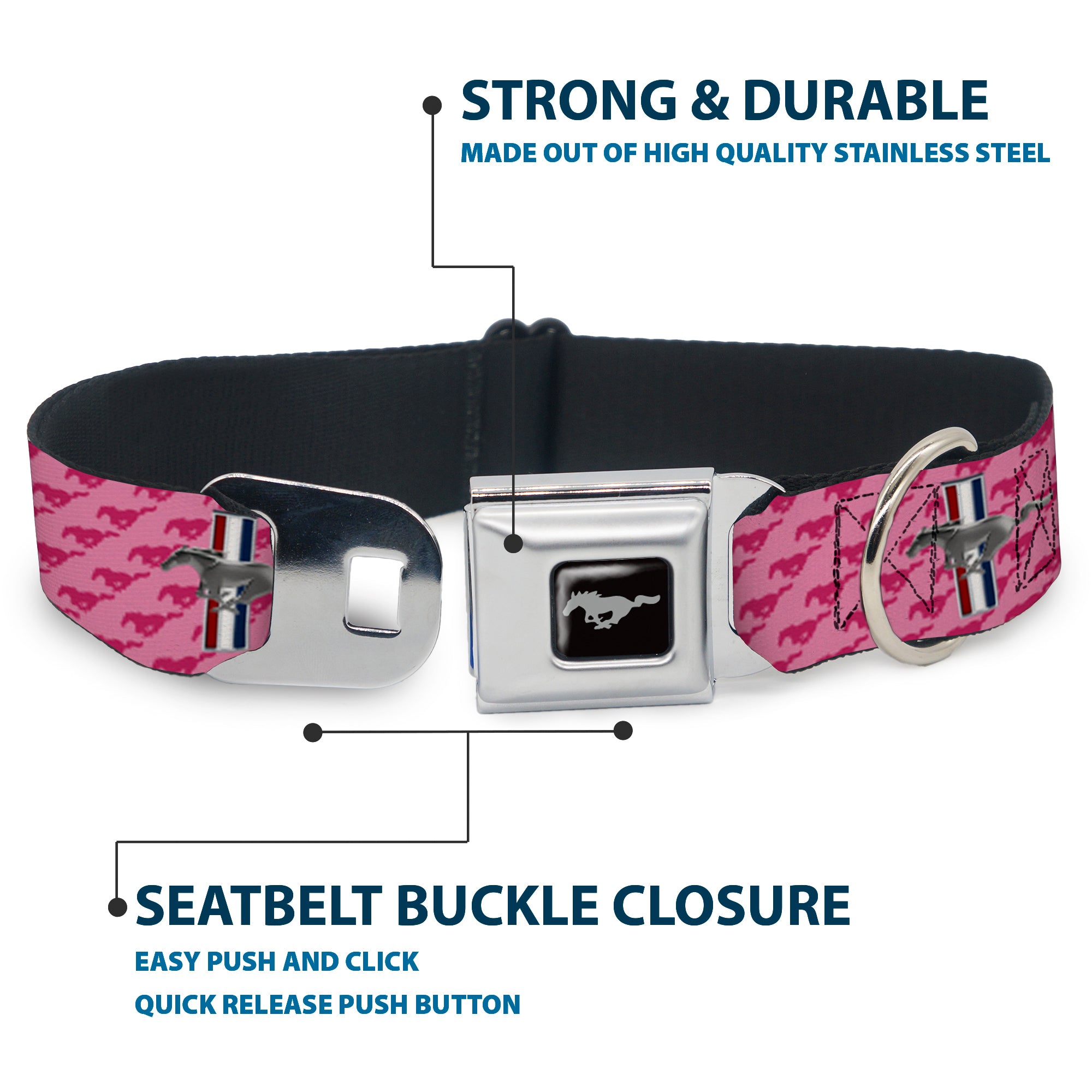 Ford Mustang Emblem Seatbelt Buckle Collar - Ford Mustang w/Bars w/Text PINK LOGO REPEAT Seatbelt Buckle Collars Ford