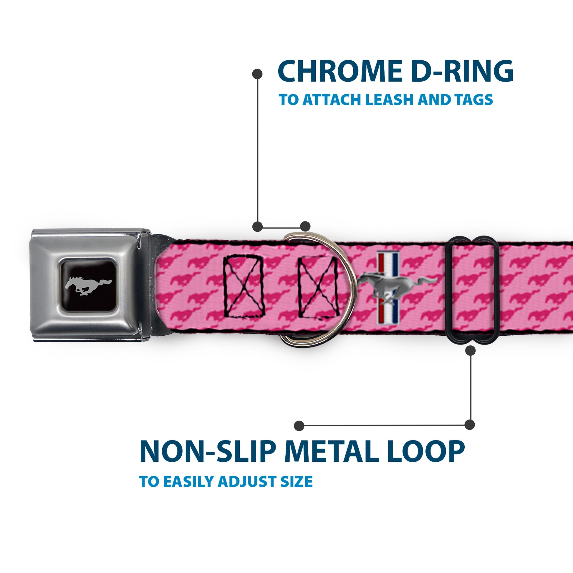 Ford Mustang Emblem Seatbelt Buckle Collar - Ford Mustang w/Bars w/Text PINK LOGO REPEAT Seatbelt Buckle Collars Ford