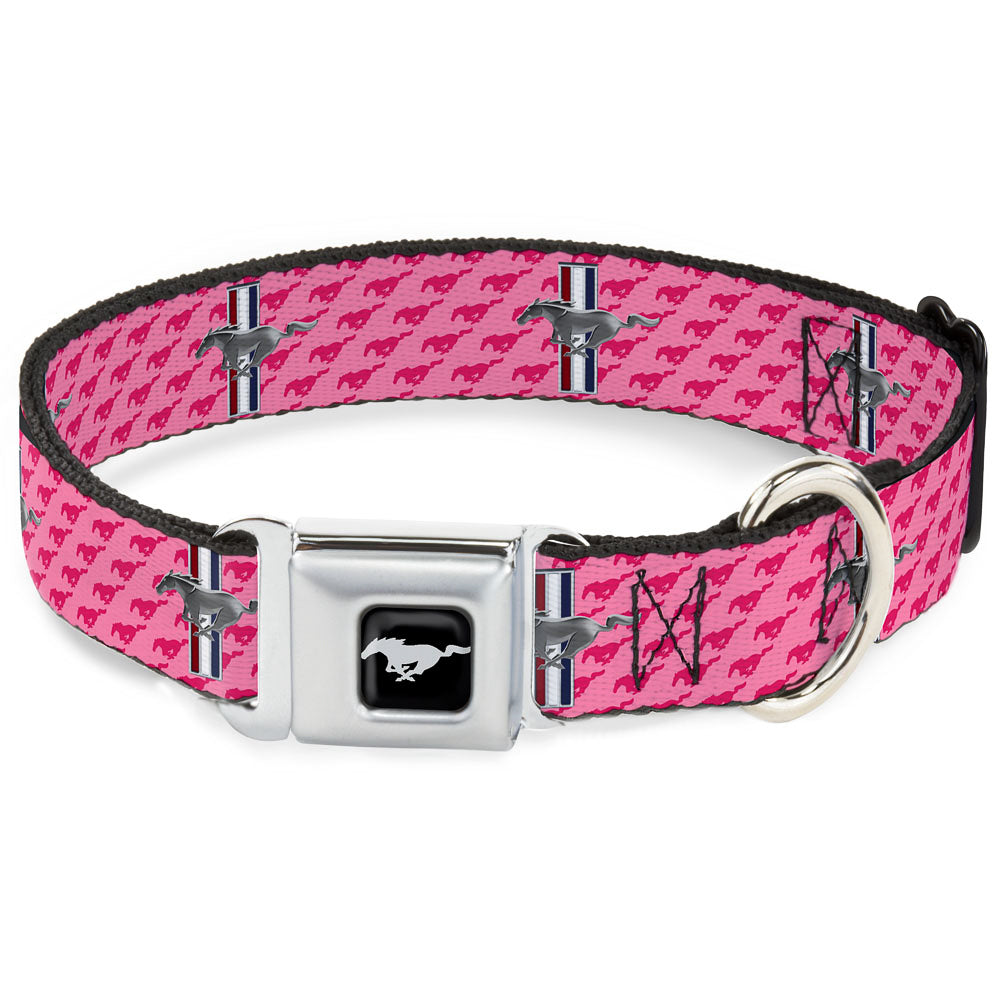 Ford Mustang Emblem Seatbelt Buckle Collar - Ford Mustang w/Bars w/Text PINK LOGO REPEAT Seatbelt Buckle Collars Ford