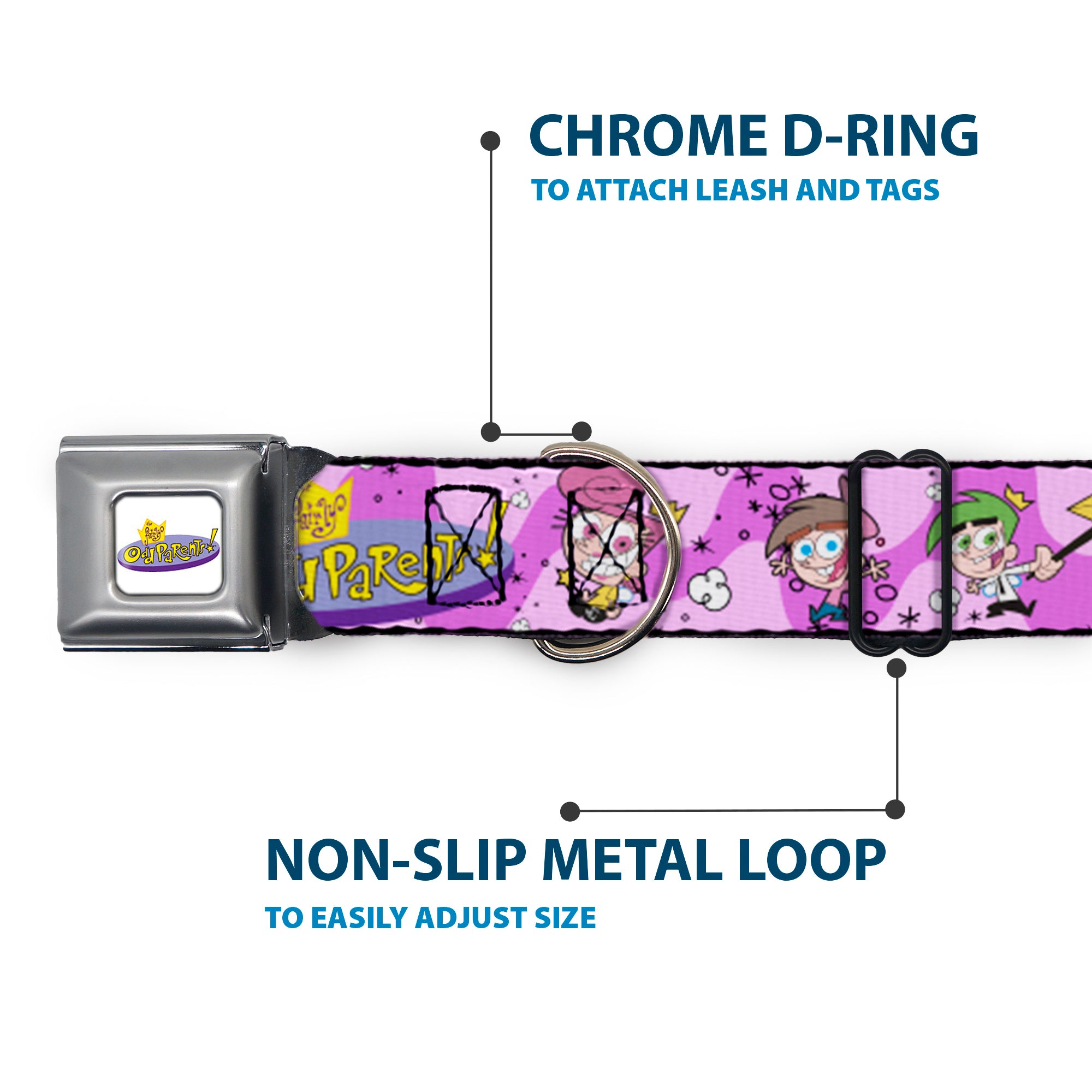 THE FAIRLY ODDPARENTS Logo Full Color White Seatbelt Buckle Collar - THE FAIRLY ODDPARENTS Timmy with Cosmo and Wanda Group Pose Pinks Seatbelt Buckle Collars The Fairly OddParents