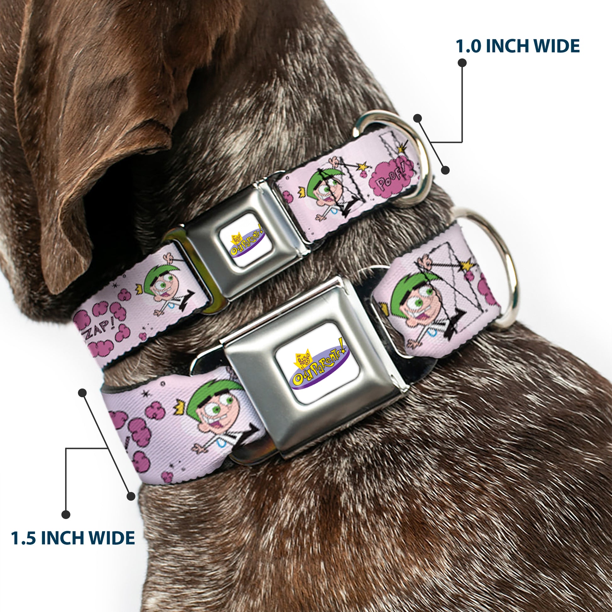THE FAIRLY ODDPARENTS Logo Full Color White Seatbelt Buckle Collar - The Fairly OddParents Cosmo and Wanda Wish Poses Pink Seatbelt Buckle Collars The Fairly OddParents