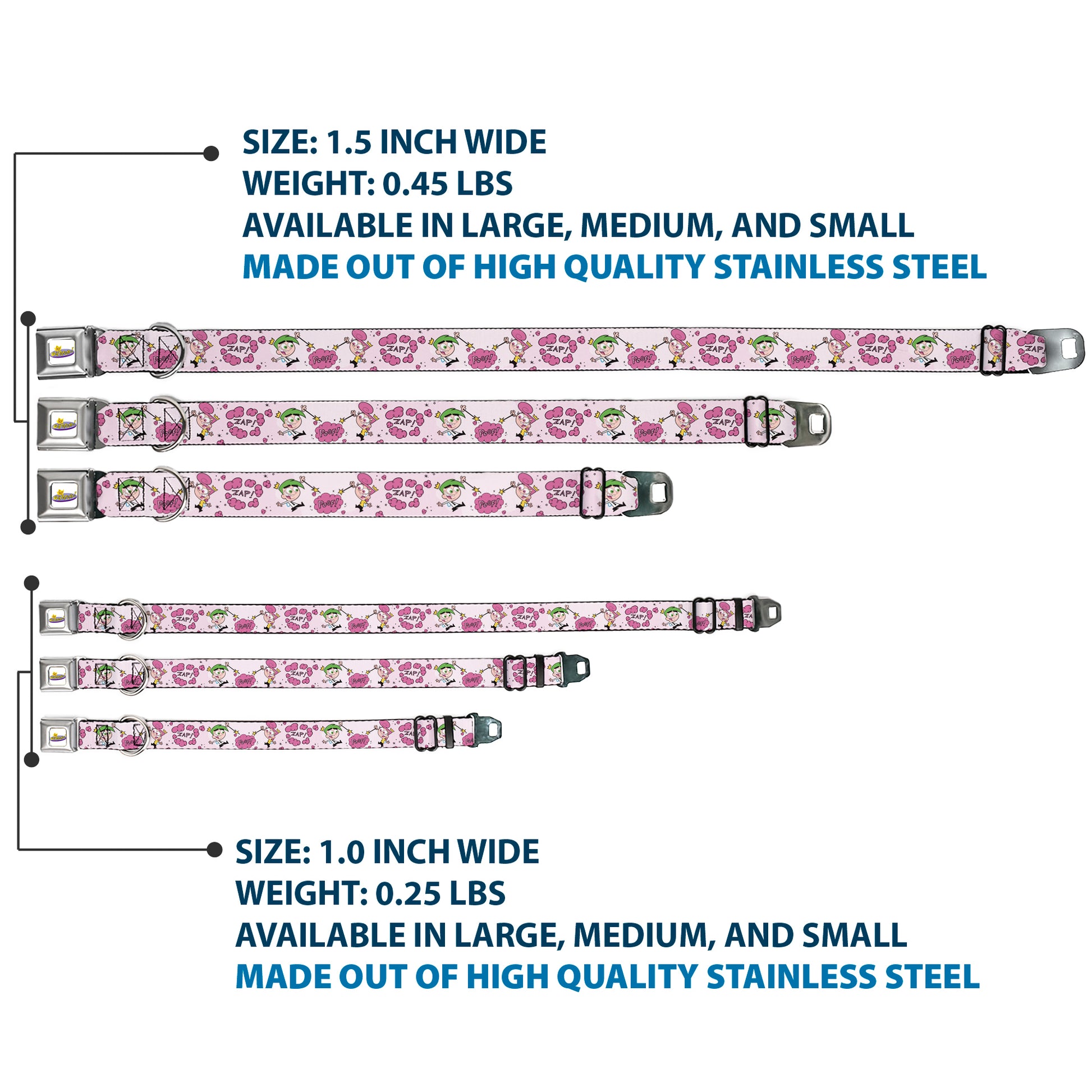 THE FAIRLY ODDPARENTS Logo Full Color White Seatbelt Buckle Collar - The Fairly OddParents Cosmo and Wanda Wish Poses Pink Seatbelt Buckle Collars The Fairly OddParents