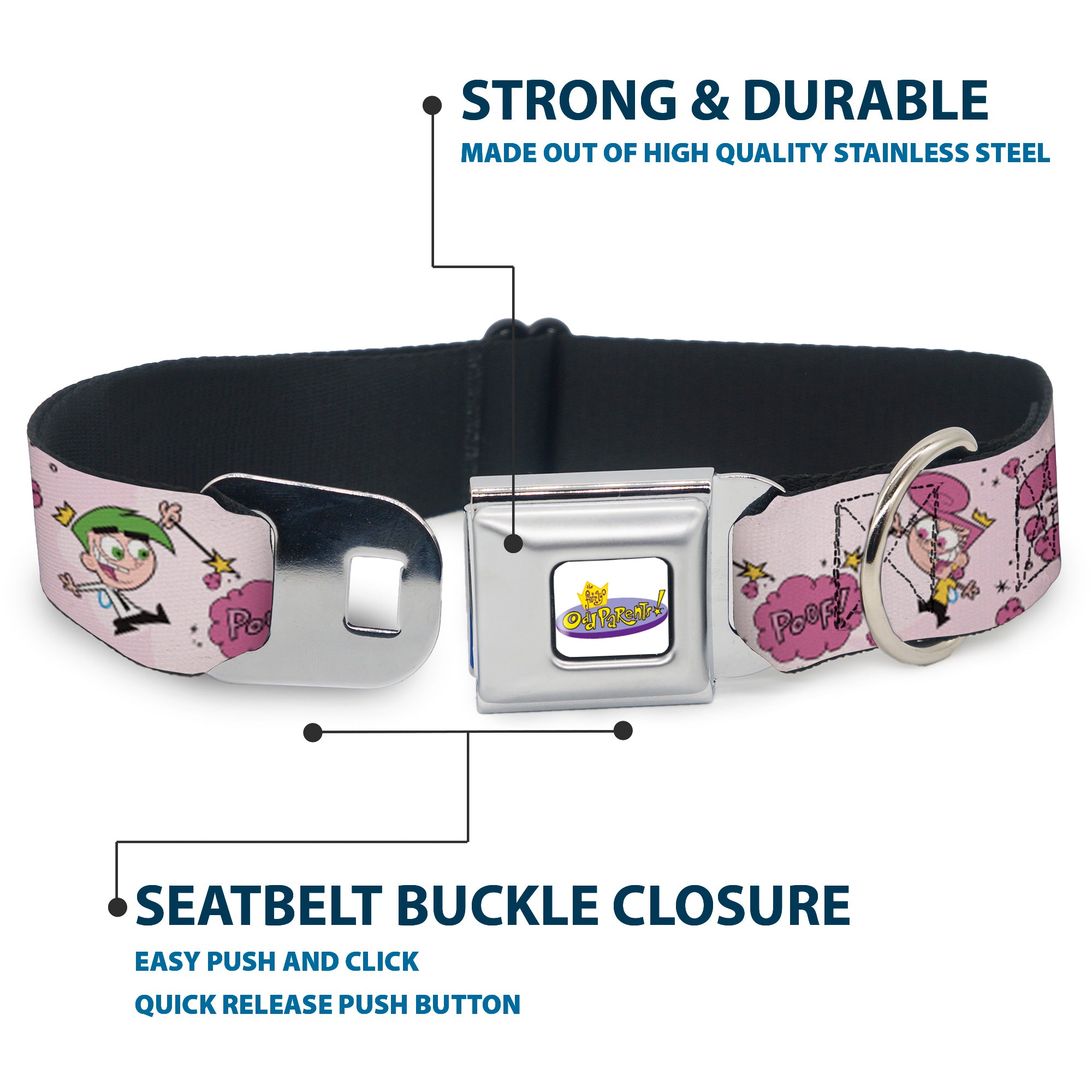 THE FAIRLY ODDPARENTS Logo Full Color White Seatbelt Buckle Collar - The Fairly OddParents Cosmo and Wanda Wish Poses Pink Seatbelt Buckle Collars The Fairly OddParents