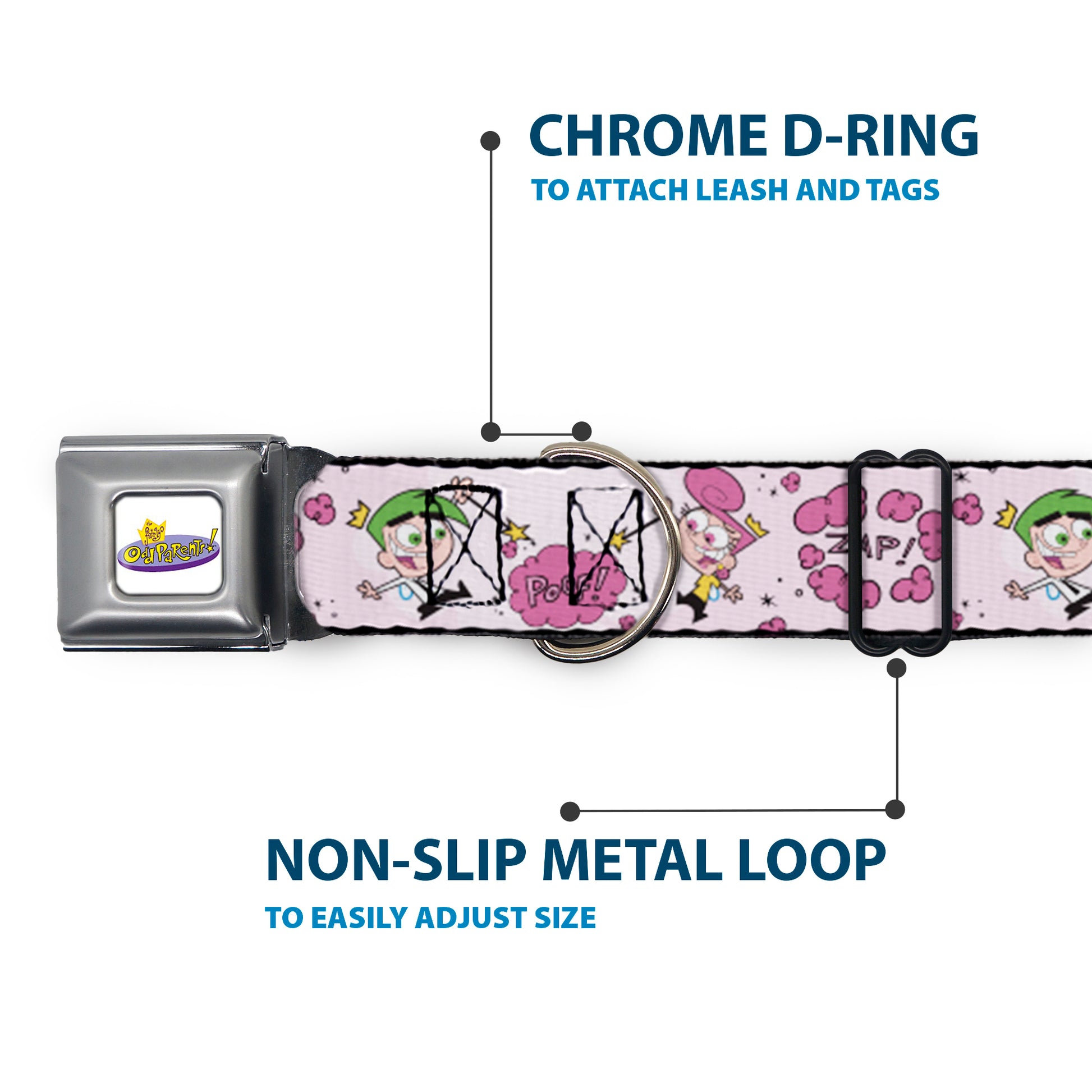 THE FAIRLY ODDPARENTS Logo Full Color White Seatbelt Buckle Collar - The Fairly OddParents Cosmo and Wanda Wish Poses Pink Seatbelt Buckle Collars The Fairly OddParents