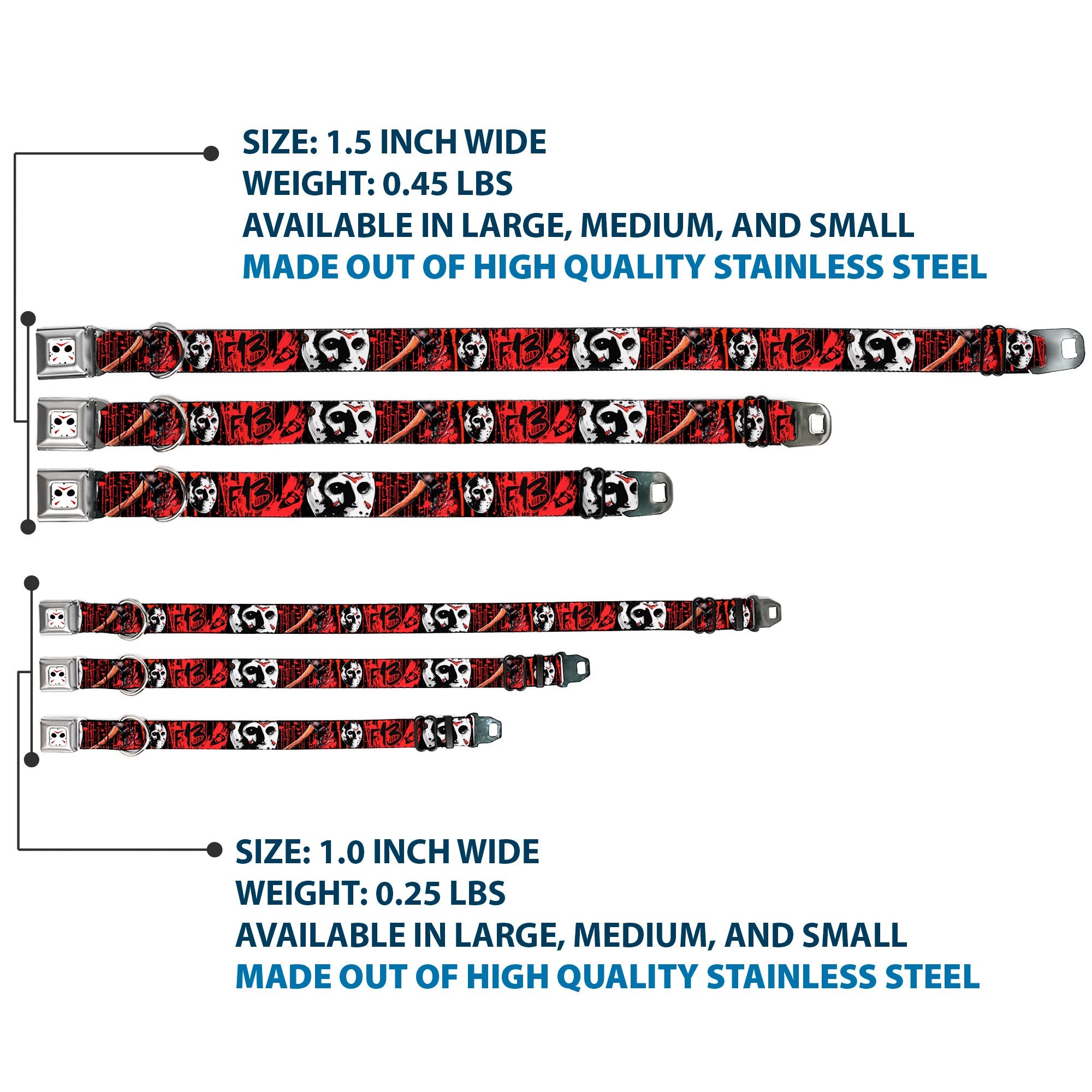 Jason Mask CLOSE-UP Full Color Black/White/Red Seatbelt Buckle Collar - FRIDAY THE 13th/Jason Mask4/Axe Blood Splatter Black/Red/White Seatbelt Buckle Collars Friday the 13th