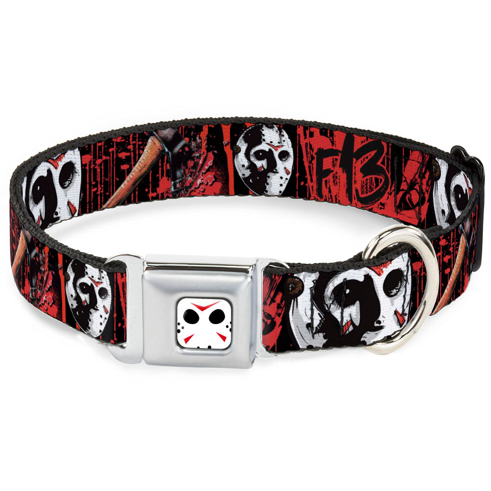 Jason Mask CLOSE-UP Full Color Black/White/Red Seatbelt Buckle Collar - FRIDAY THE 13th/Jason Mask4/Axe Blood Splatter Black/Red/White Seatbelt Buckle Collars Friday the 13th