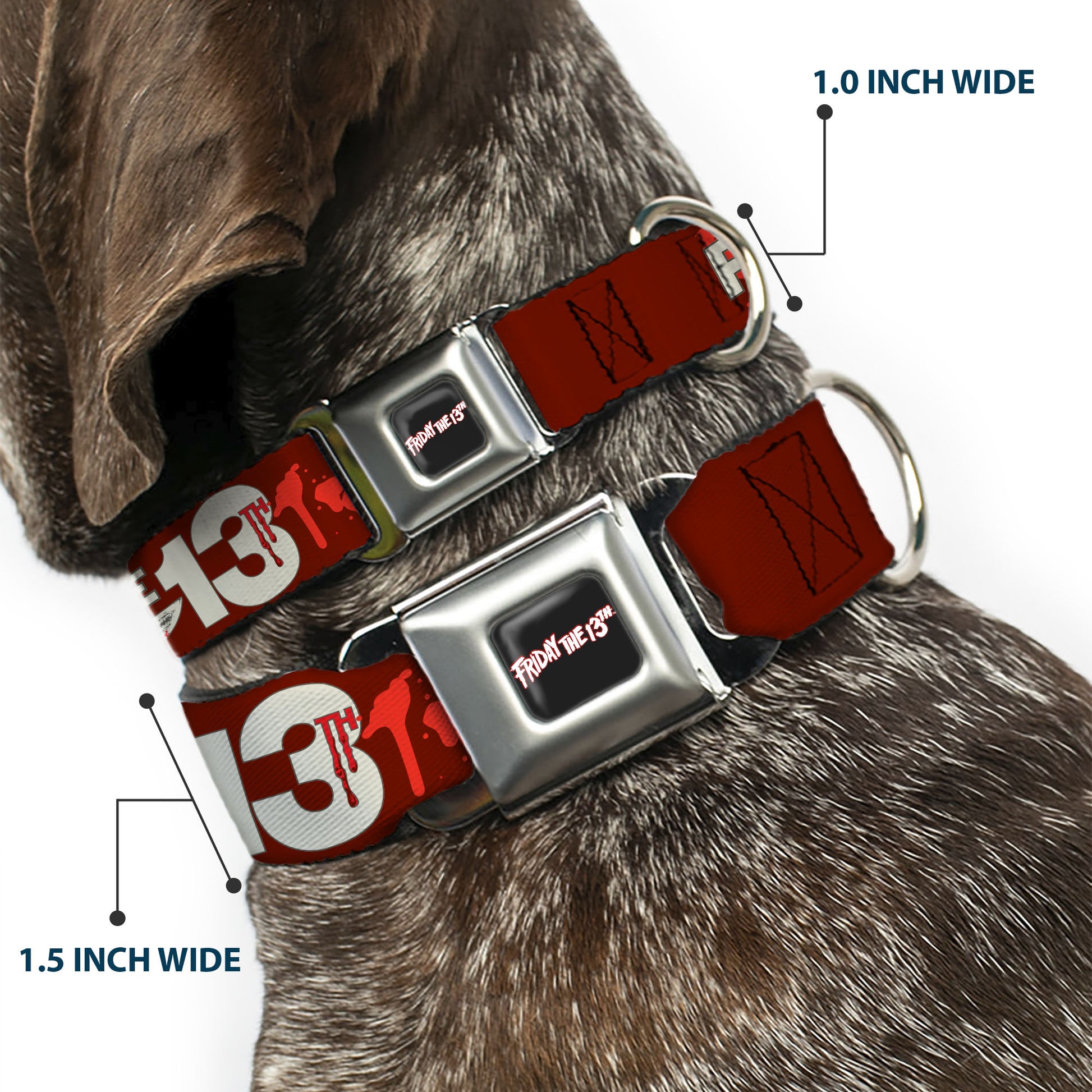 FRIDAY THE 13TH Title Logo Full Color Black/Red/White Seatbelt Buckle Collar - FRIDAY THE 13TH Mask and Machete Icons Red/Pink/White Seatbelt Buckle Collars Friday the 13th