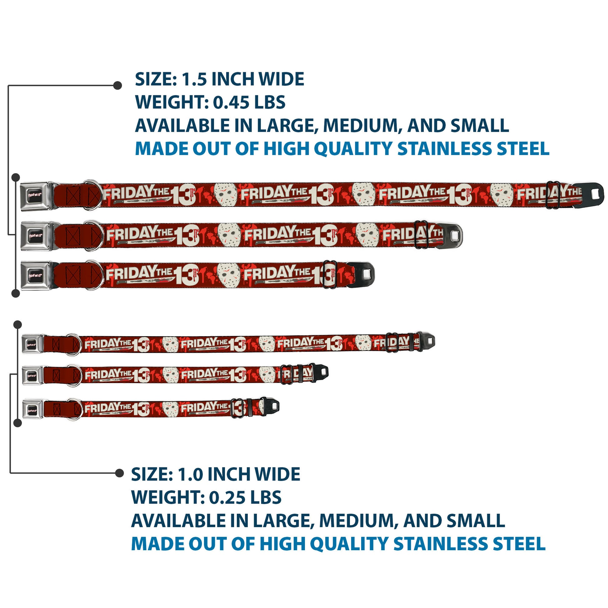 FRIDAY THE 13TH Title Logo Full Color Black/Red/White Seatbelt Buckle Collar - FRIDAY THE 13TH Mask and Machete Icons Red/Pink/White Seatbelt Buckle Collars Friday the 13th