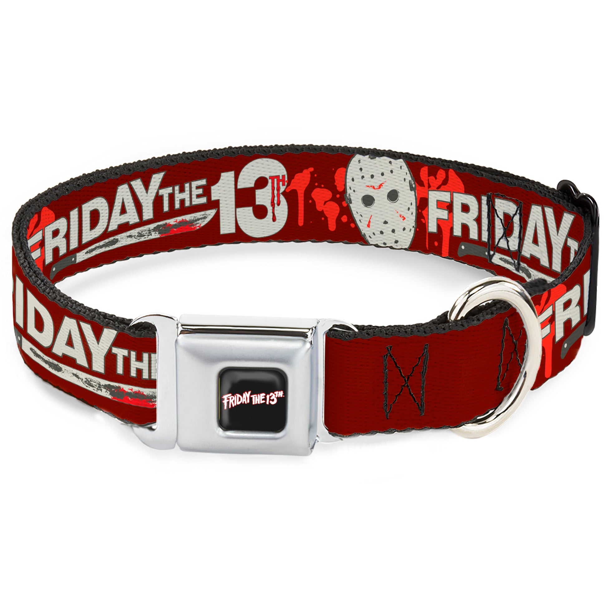 FRIDAY THE 13TH Title Logo Full Color Black/Red/White Seatbelt Buckle Collar - FRIDAY THE 13TH Mask and Machete Icons Red/Pink/White Seatbelt Buckle Collars Friday the 13th