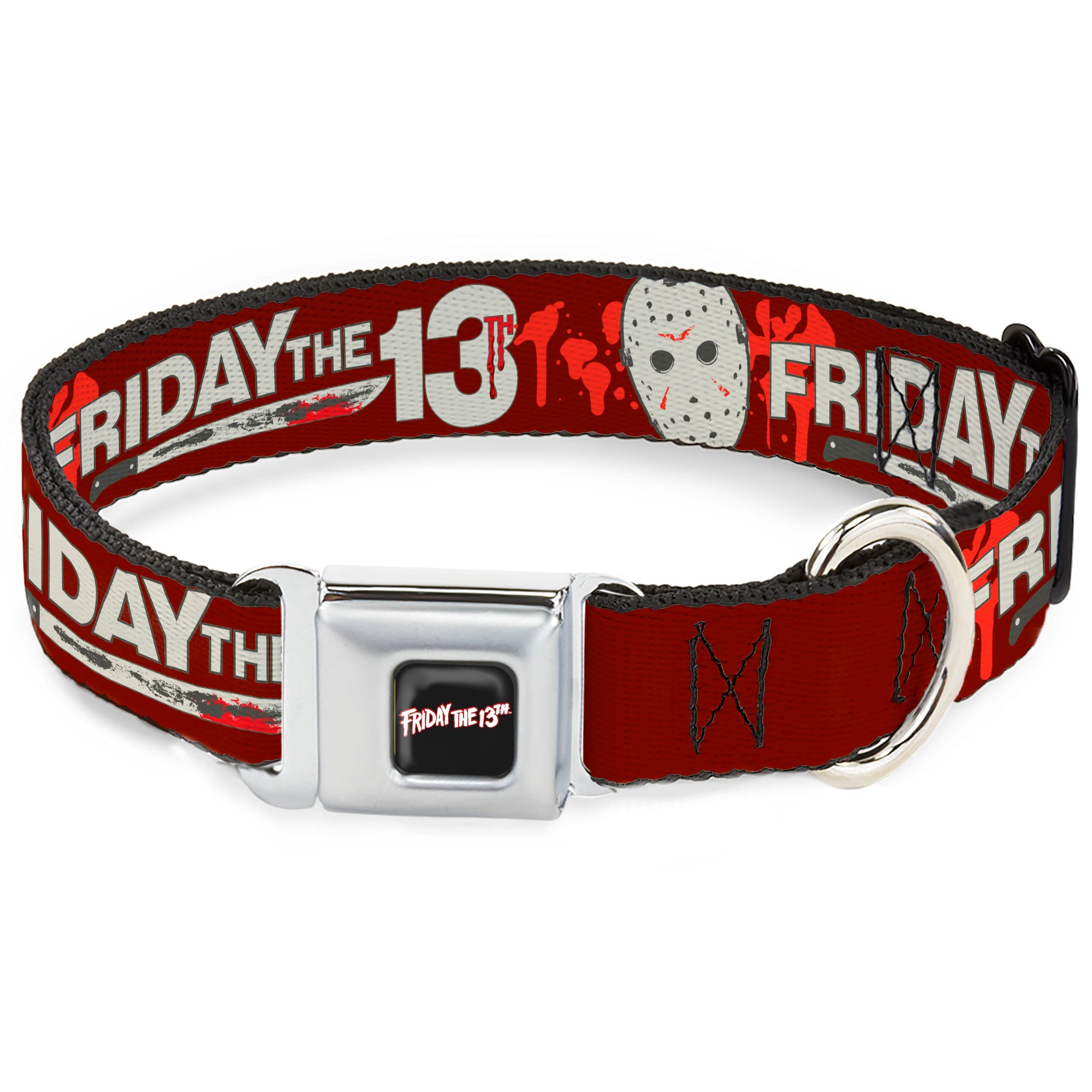 FRIDAY THE 13TH Title Logo Full Color Black/Red/White Seatbelt Buckle Collar - FRIDAY THE 13TH Mask and Machete Icons Red/Pink/White Seatbelt Buckle Collars Friday the 13th
