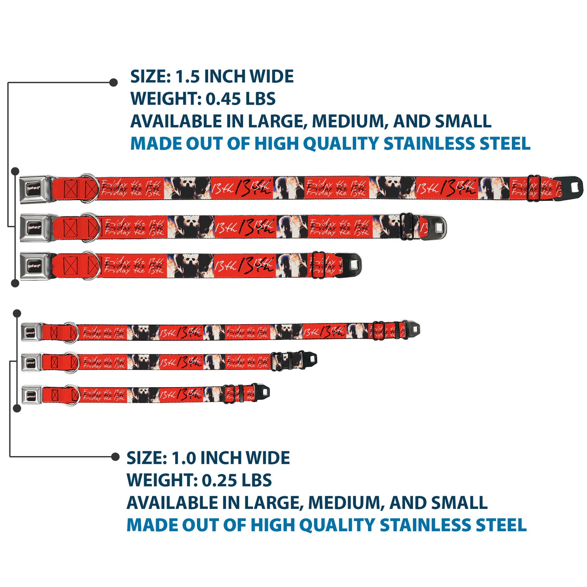 FRIDAY THE 13TH Title Logo Full Color Black/Red/White Seatbelt Buckle Collar - FRIDAY THE 13TH Jason Mask and Script Blocks Red/Black/White Seatbelt Buckle Collars Friday the 13th