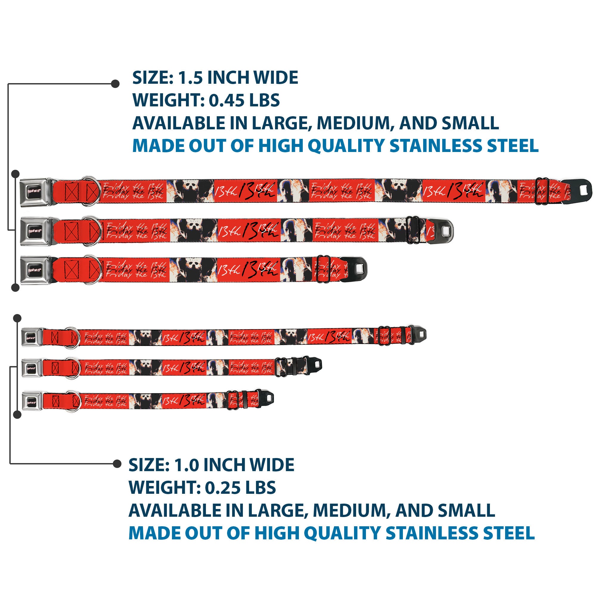 FRIDAY THE 13TH Title Logo Full Color Black/Red/White Seatbelt Buckle Collar - FRIDAY THE 13TH Jason Mask and Script Blocks Red/Black/White Seatbelt Buckle Collars Friday the 13th