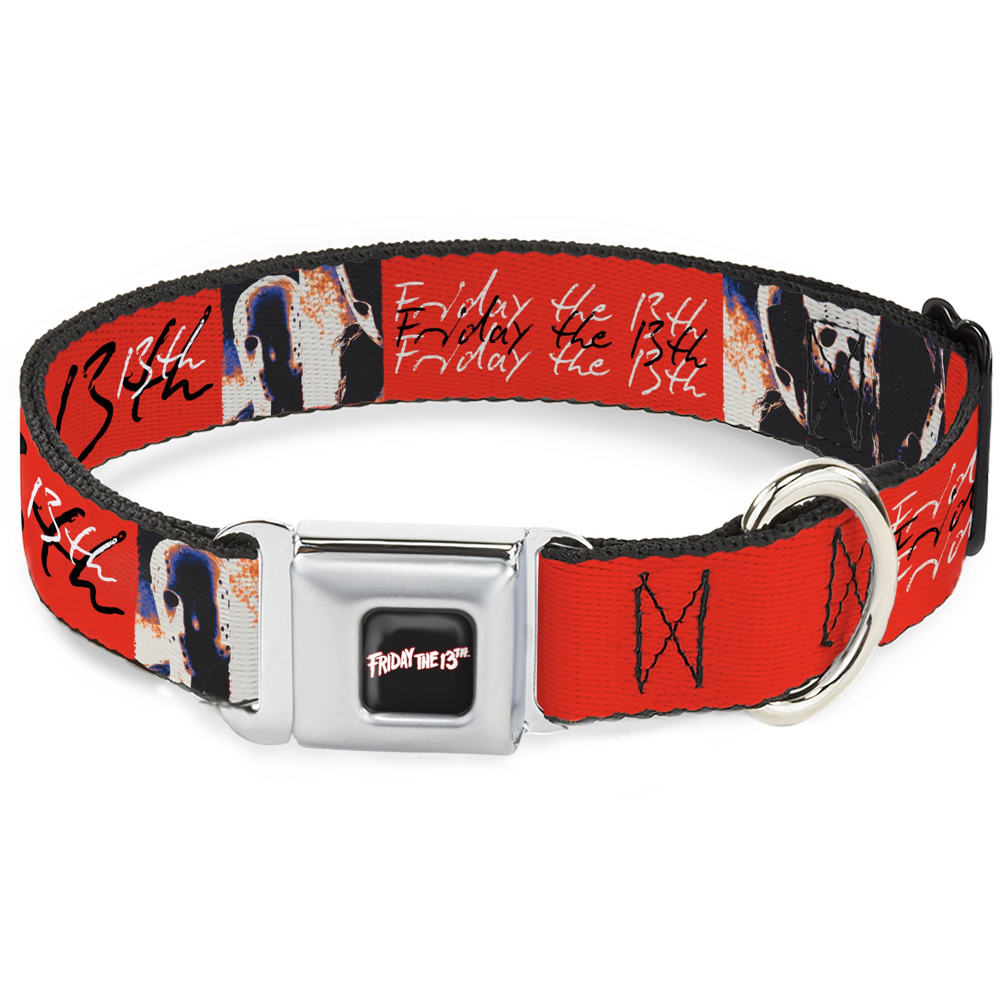 FRIDAY THE 13TH Title Logo Full Color Black/Red/White Seatbelt Buckle Collar - FRIDAY THE 13TH Jason Mask and Script Blocks Red/Black/White Seatbelt Buckle Collars Friday the 13th