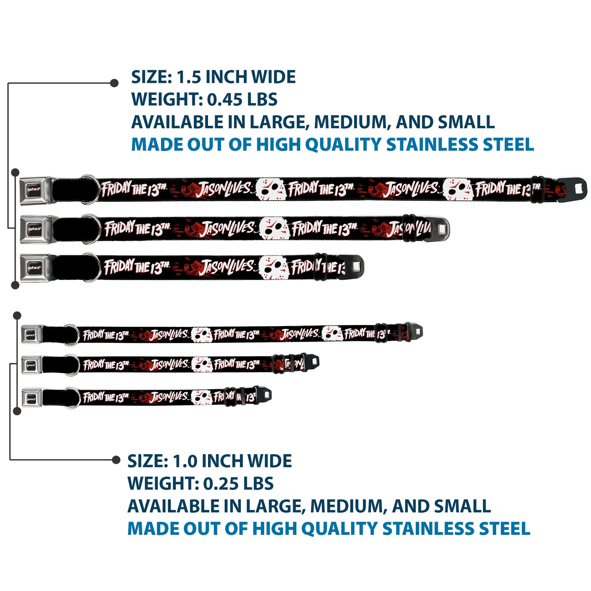 FRIDAY THE 13TH Title Logo Full Color Black/Red/White Seatbelt Buckle Collar - FRIDAY THE 13TH JASON LIVES with Hand Print and Mask Black/Red/White Seatbelt Buckle Collars Friday the 13th