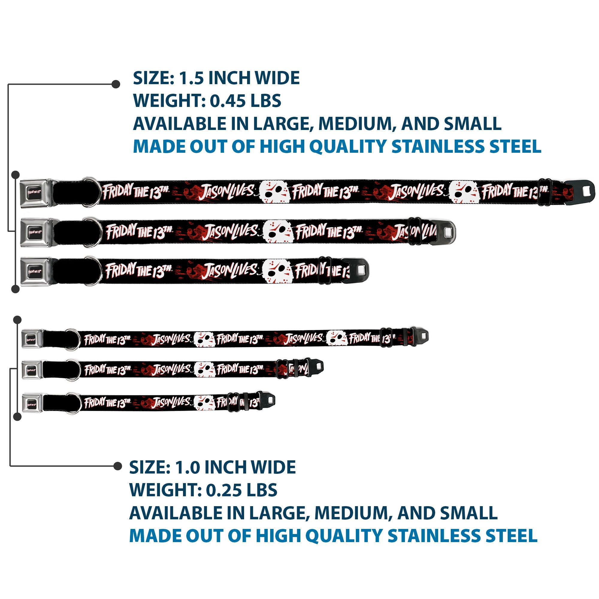 FRIDAY THE 13TH Title Logo Full Color Black/Red/White Seatbelt Buckle Collar - FRIDAY THE 13TH JASON LIVES with Hand Print and Mask Black/Red/White Seatbelt Buckle Collars Friday the 13th