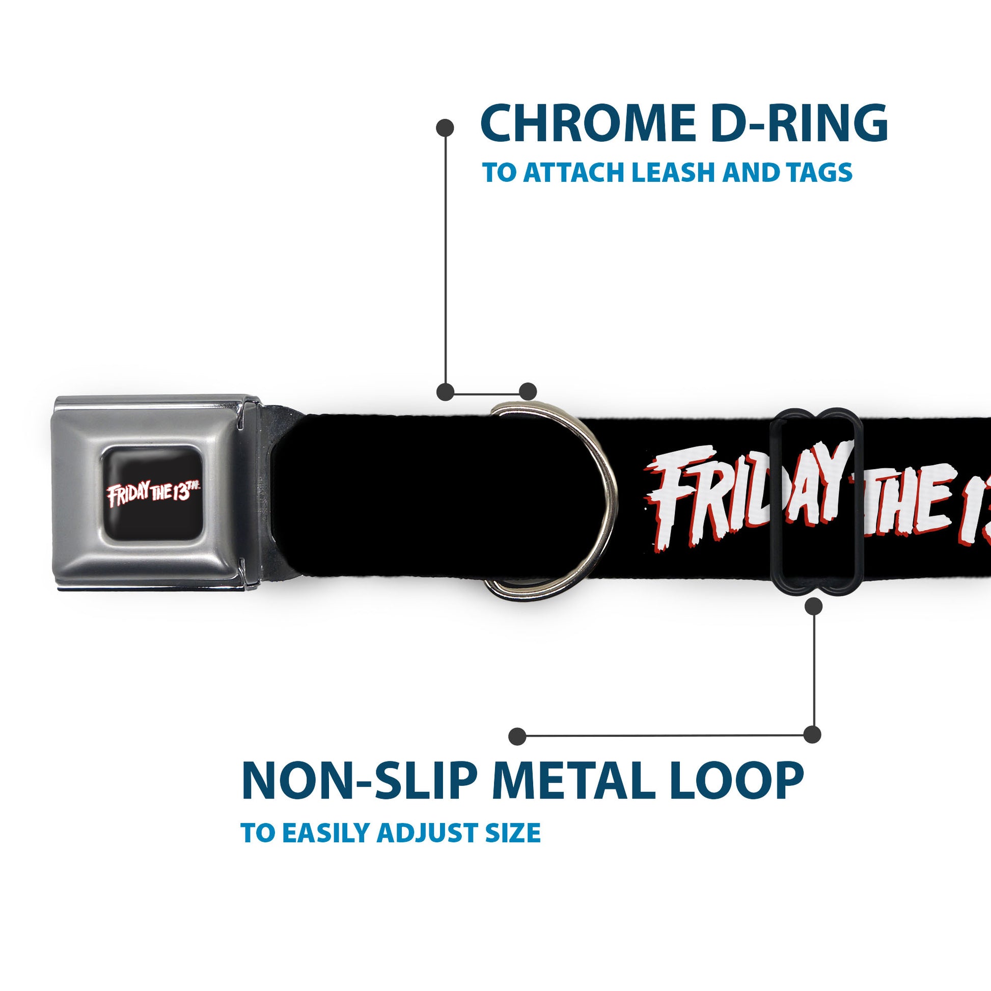 FRIDAY THE 13TH Title Logo Full Color Black/Red/White Seatbelt Buckle Collar - FRIDAY THE 13TH JASON LIVES with Hand Print and Mask Black/Red/White Seatbelt Buckle Collars Friday the 13th