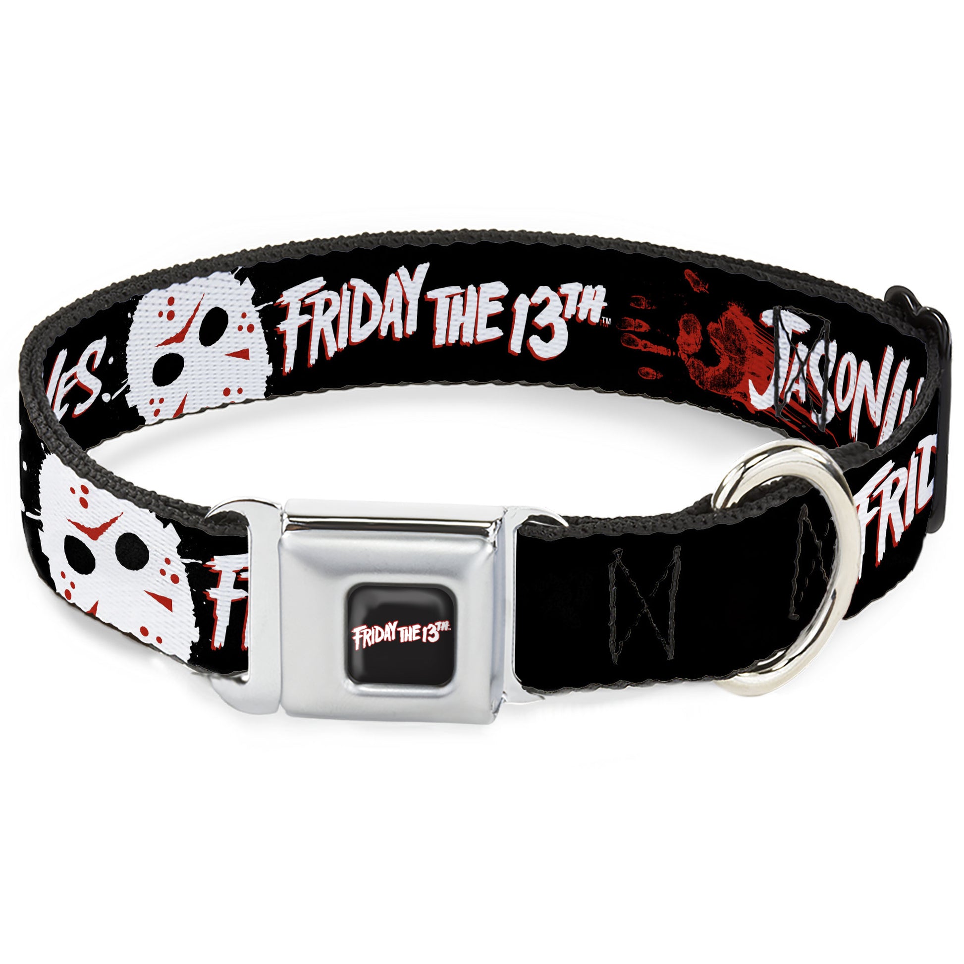 FRIDAY THE 13TH Title Logo Full Color Black/Red/White Seatbelt Buckle Collar - FRIDAY THE 13TH JASON LIVES with Hand Print and Mask Black/Red/White Seatbelt Buckle Collars Friday the 13th