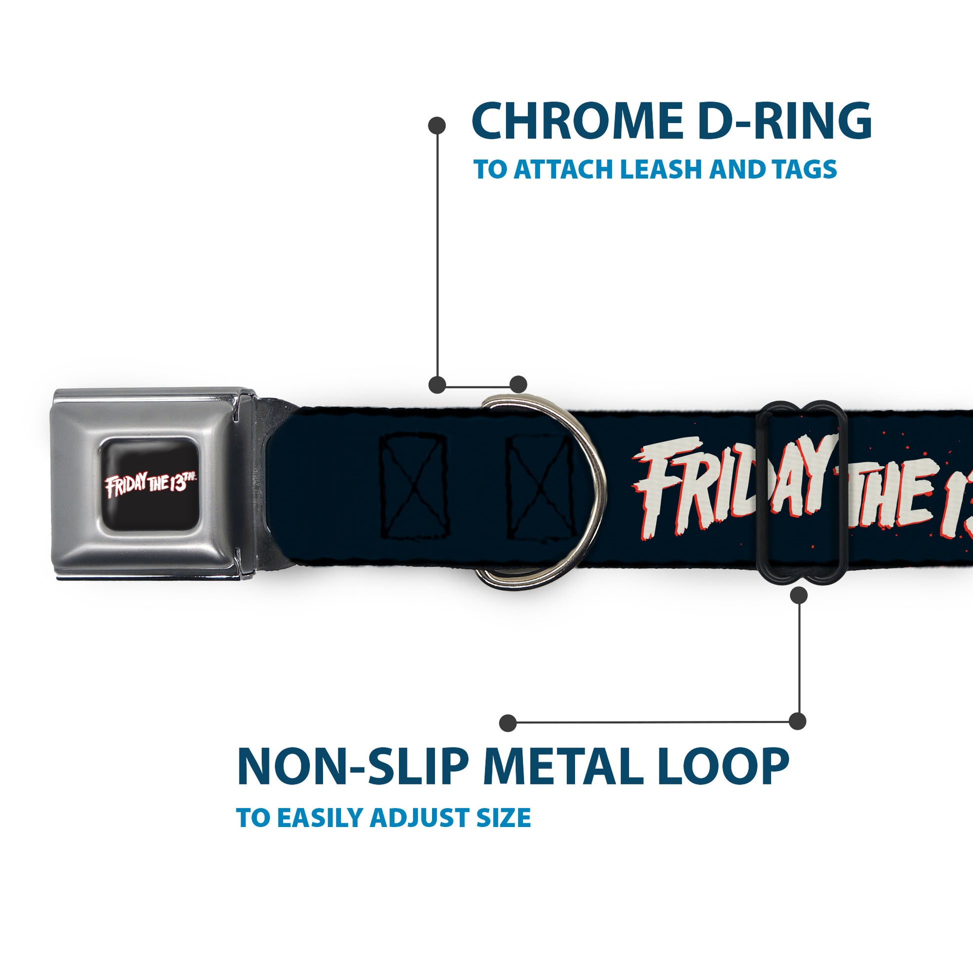 FRIDAY THE 13TH Title Logo Full Color Black/Red/White Seatbelt Buckle Collar - FRIDAY THE 13TH JASON Mask and Splatter Black/Red/White Seatbelt Buckle Collars Friday the 13th