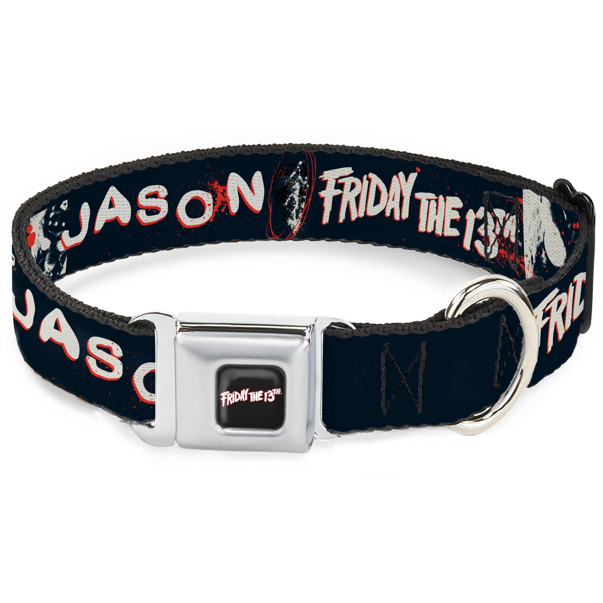FRIDAY THE 13TH Title Logo Full Color Black/Red/White Seatbelt Buckle Collar - FRIDAY THE 13TH JASON Mask and Splatter Black/Red/White Seatbelt Buckle Collars Friday the 13th