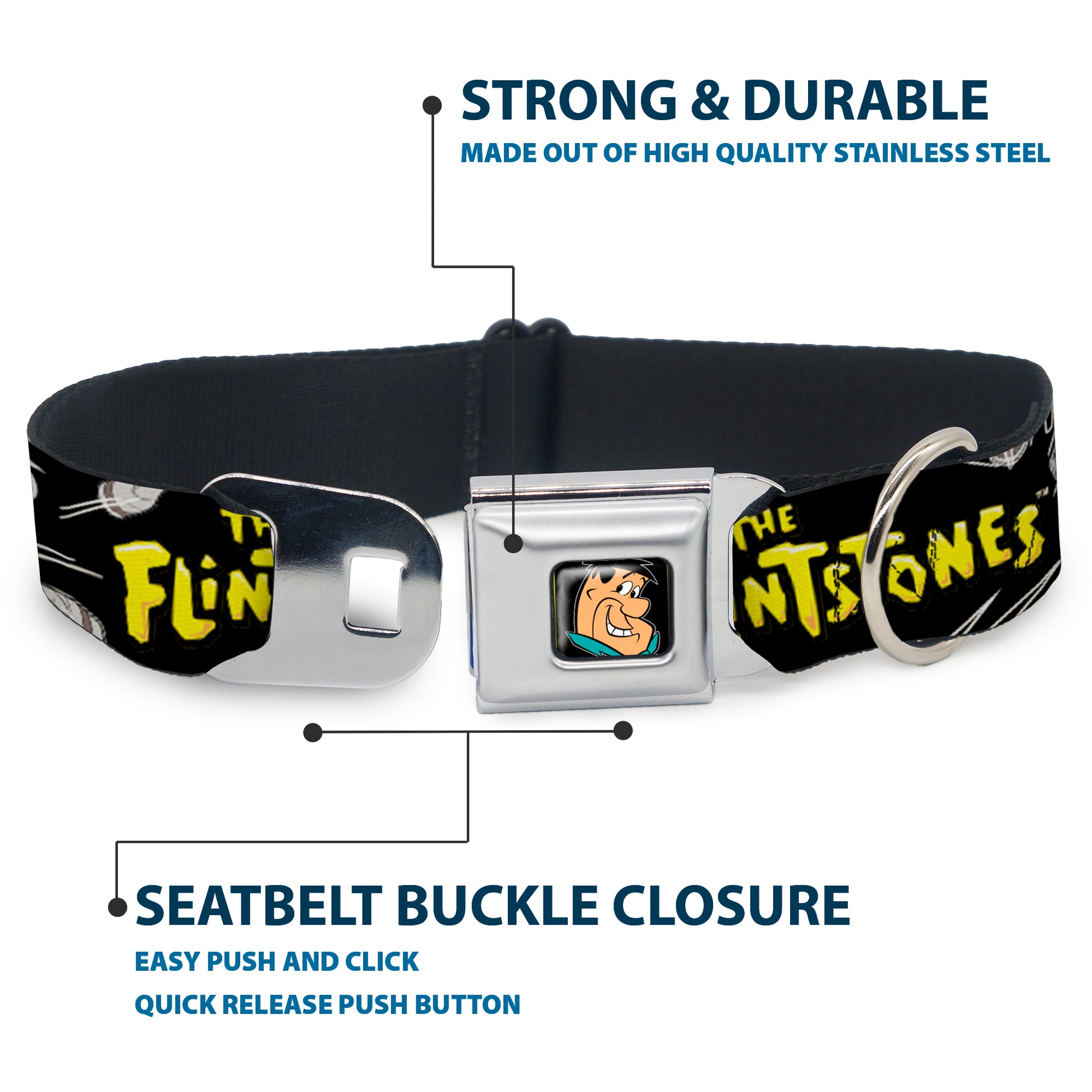 Fred Face Full Color Black Seatbelt Buckle Collar - Dog Collar FSE-Fred Face Full Color Black - THE FLINTSTONES Fred Bowling Poses/Bowling Pins Black Seatbelt Buckle Collars The Flintstones