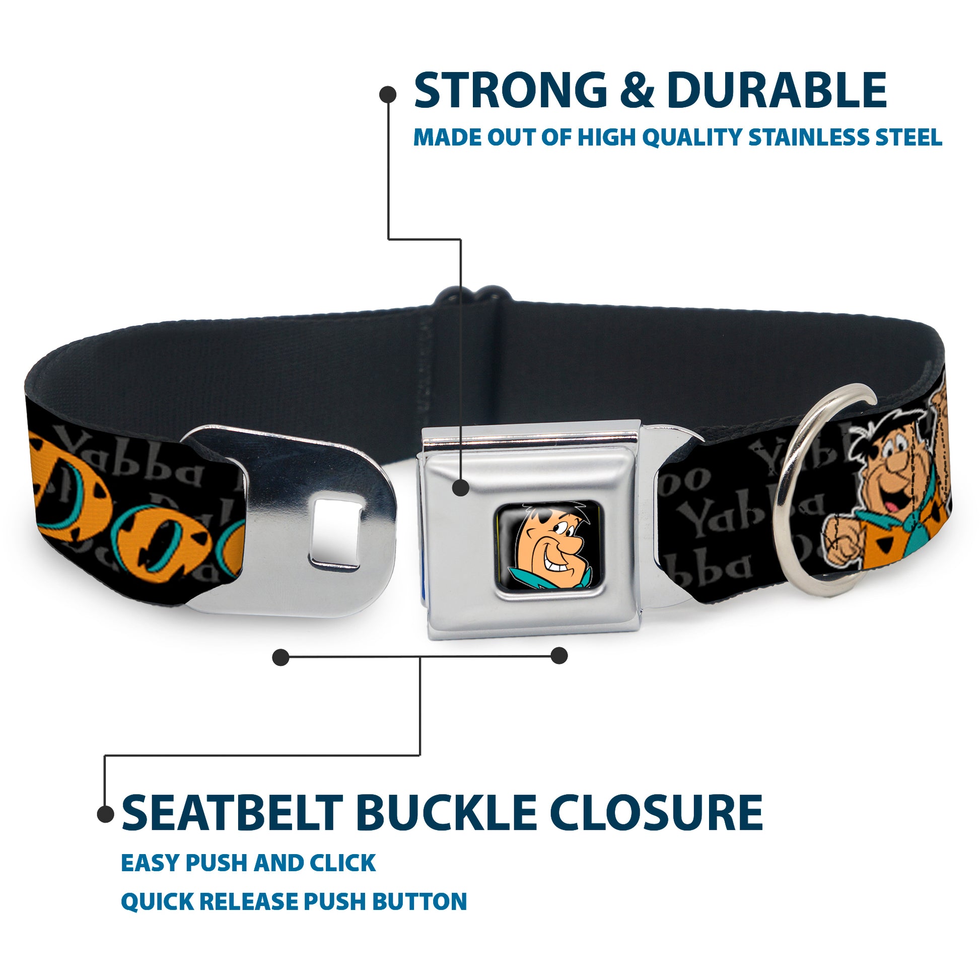 Fred Face Full Color Black Seatbelt Buckle Collar - Fred Face/Pose YABBA DABBA DOO Black/Gray/Orange Seatbelt Buckle Collars The Flintstones