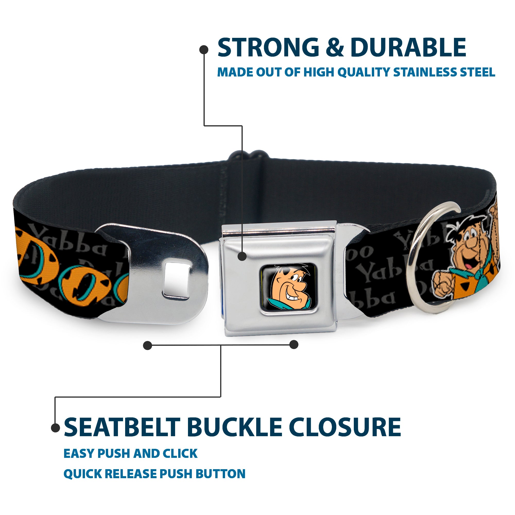 Fred Face Full Color Black Seatbelt Buckle Collar - Fred Face/Pose YABBA DABBA DOO Black/Gray/Orange Seatbelt Buckle Collars The Flintstones