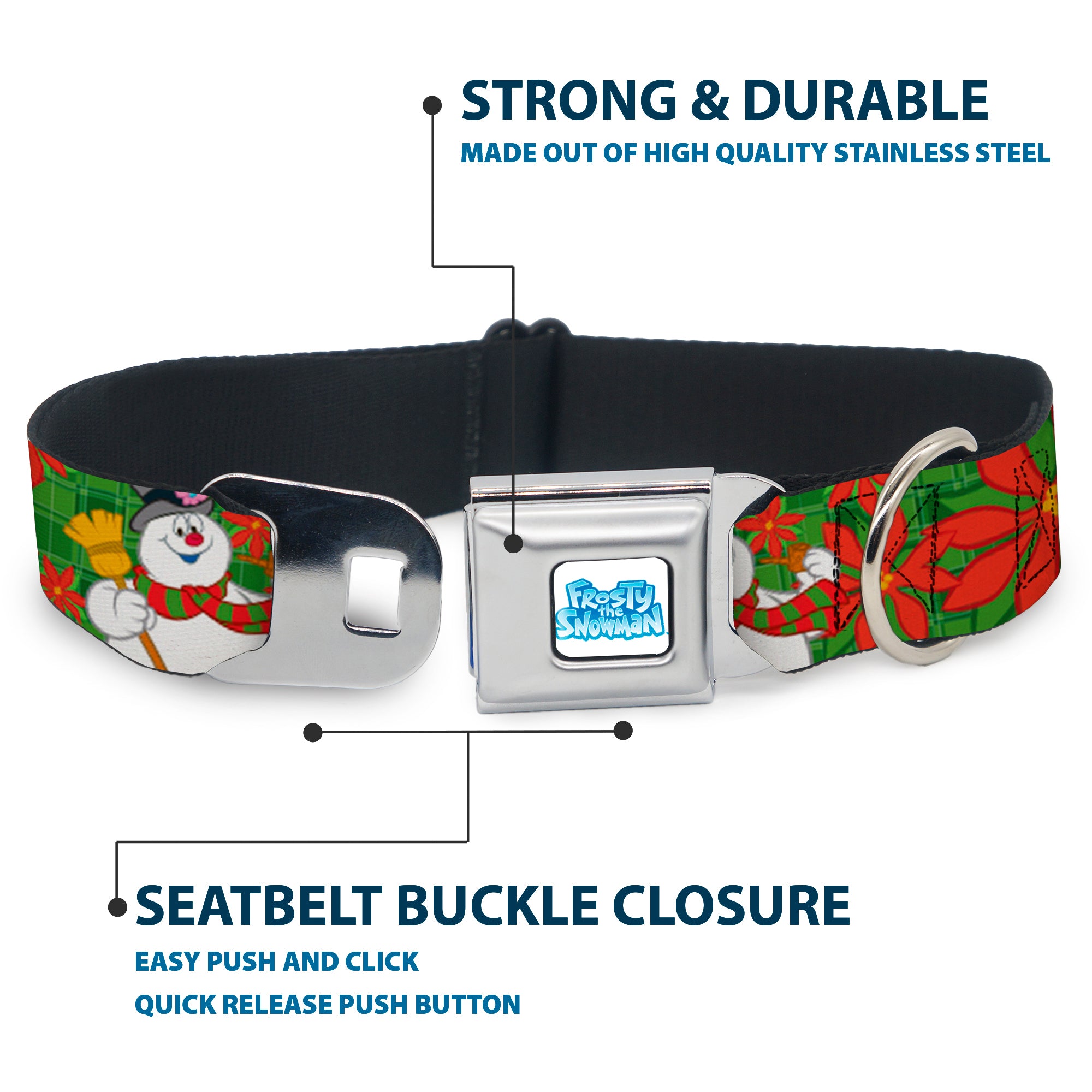 FROSTY THE SNOWMAN Logo Full Color White/Blues Seatbelt Buckle Collar - Frosty the Snowman Pose Poinsetta Plaid Collage Greens/Reds Seatbelt Buckle Collars Frosty the Snowman