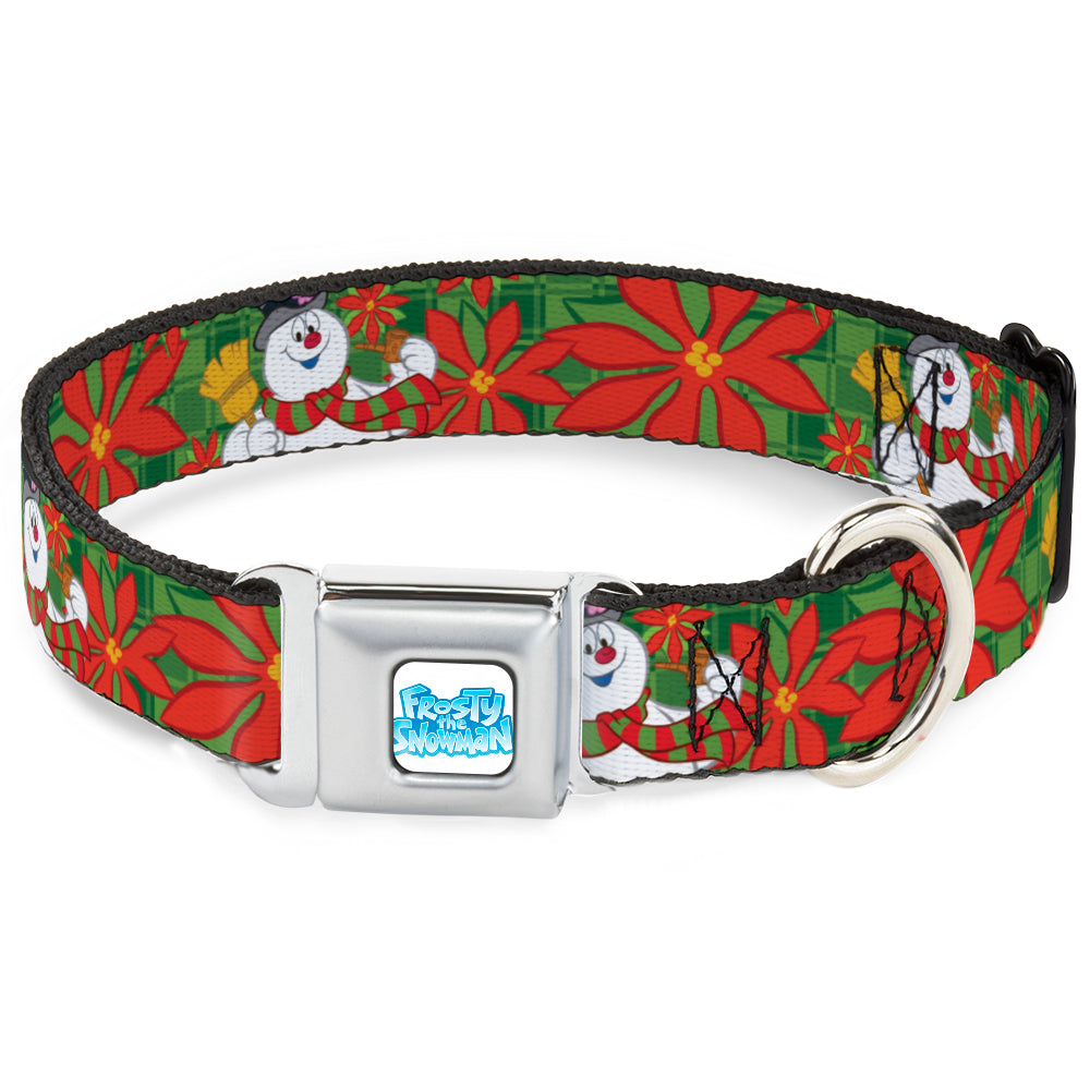 FROSTY THE SNOWMAN Logo Full Color White/Blues Seatbelt Buckle Collar - Frosty the Snowman Pose Poinsetta Plaid Collage Greens/Reds Seatbelt Buckle Collars Frosty the Snowman