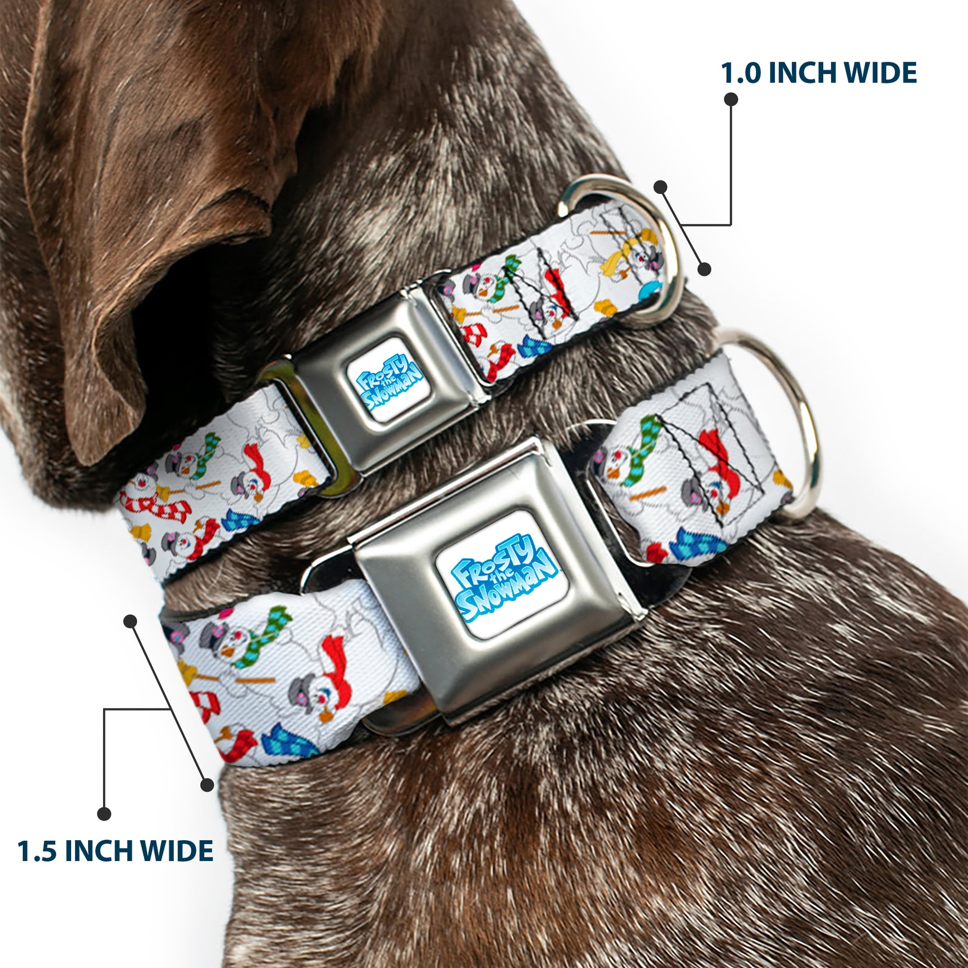 FROSTY THE SNOWMAN Logo Full Color White/Blues Seatbelt Buckle Collar - Frosty the Snowman Pose Scattered White Seatbelt Buckle Collars Frosty the Snowman
