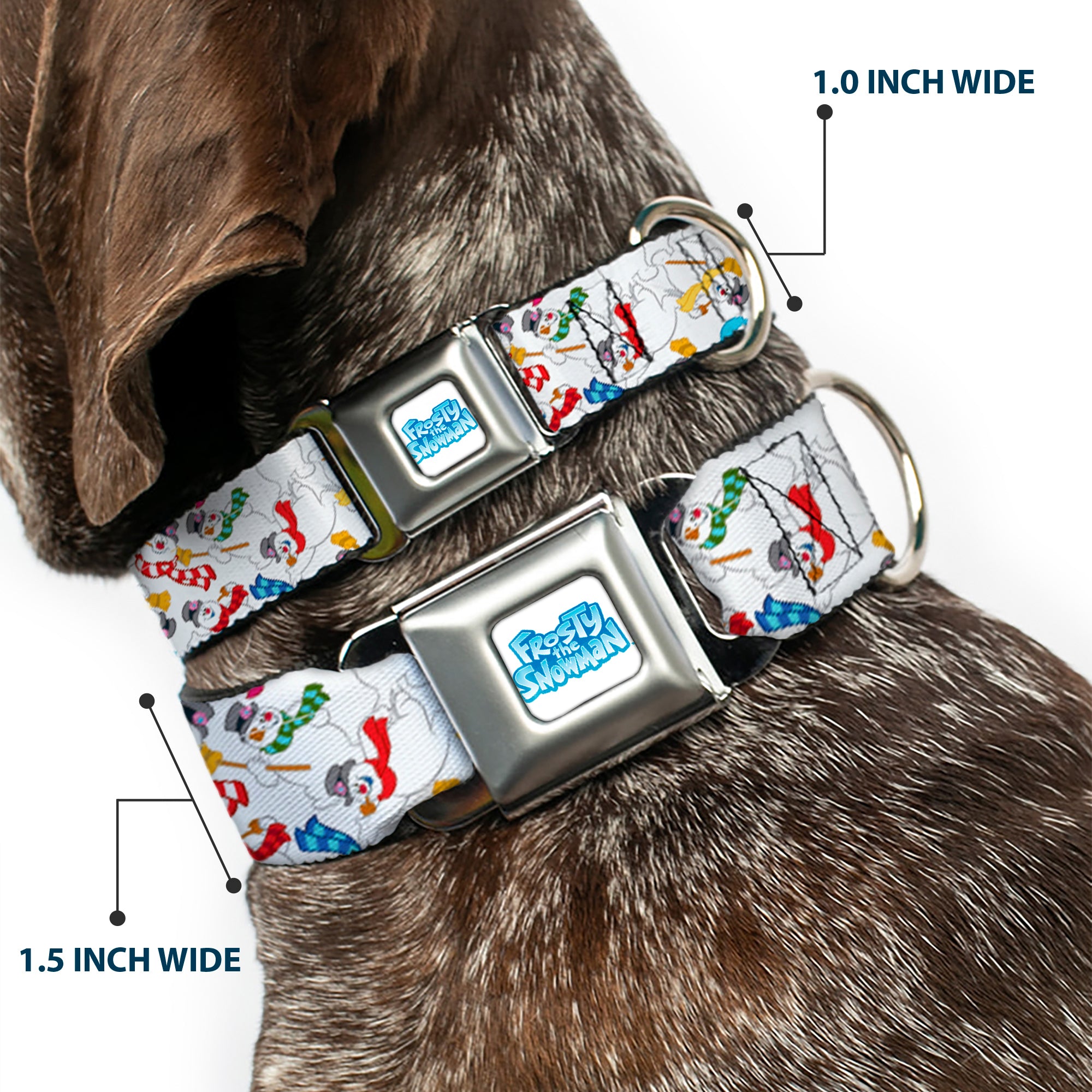 FROSTY THE SNOWMAN Logo Full Color White/Blues Seatbelt Buckle Collar - Frosty the Snowman Pose Scattered White Seatbelt Buckle Collars Frosty the Snowman