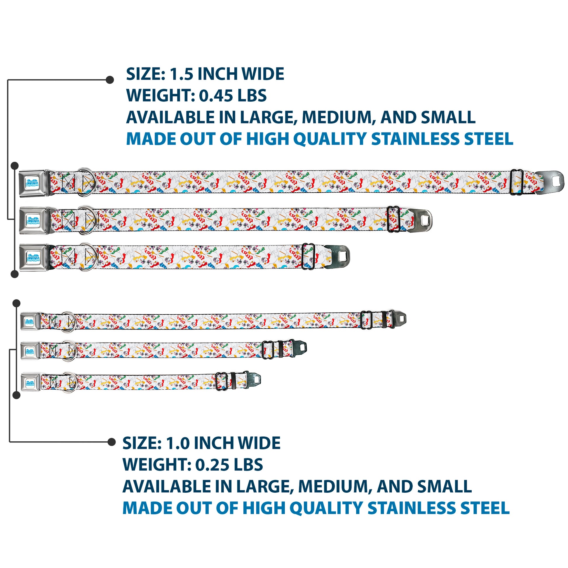 FROSTY THE SNOWMAN Logo Full Color White/Blues Seatbelt Buckle Collar - Frosty the Snowman Pose Scattered White Seatbelt Buckle Collars Frosty the Snowman