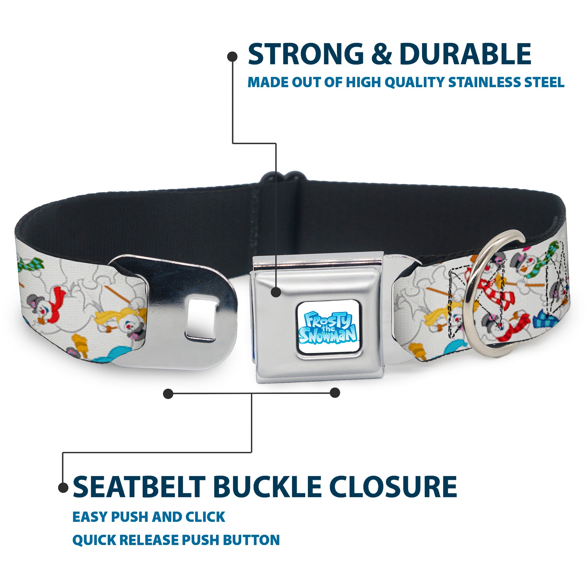 FROSTY THE SNOWMAN Logo Full Color White/Blues Seatbelt Buckle Collar - Frosty the Snowman Pose Scattered White Seatbelt Buckle Collars Frosty the Snowman