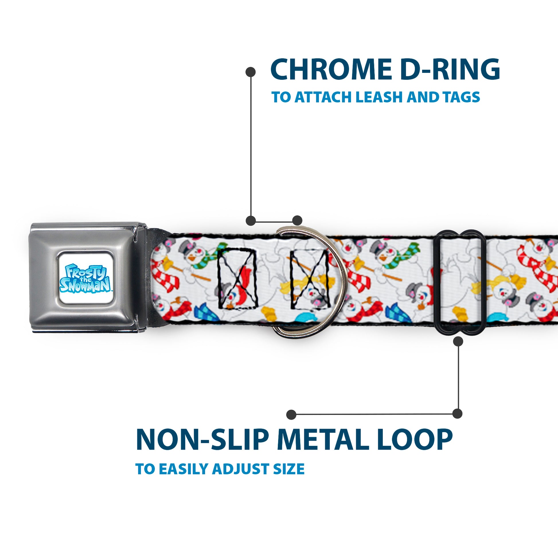 FROSTY THE SNOWMAN Logo Full Color White/Blues Seatbelt Buckle Collar - Frosty the Snowman Pose Scattered White Seatbelt Buckle Collars Frosty the Snowman
